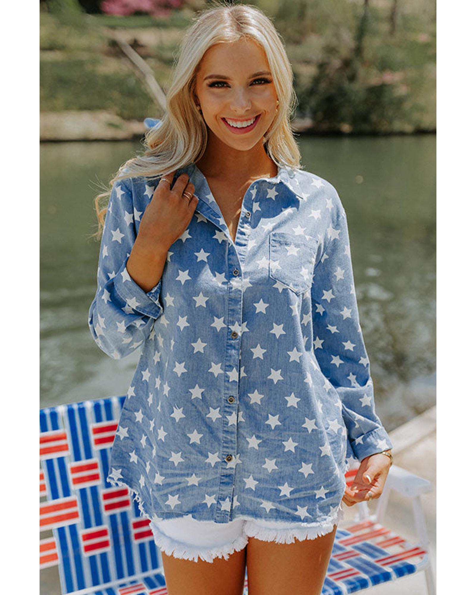 Sky Blue Star Print Light Wash Raw Hem Denim Jacket - S