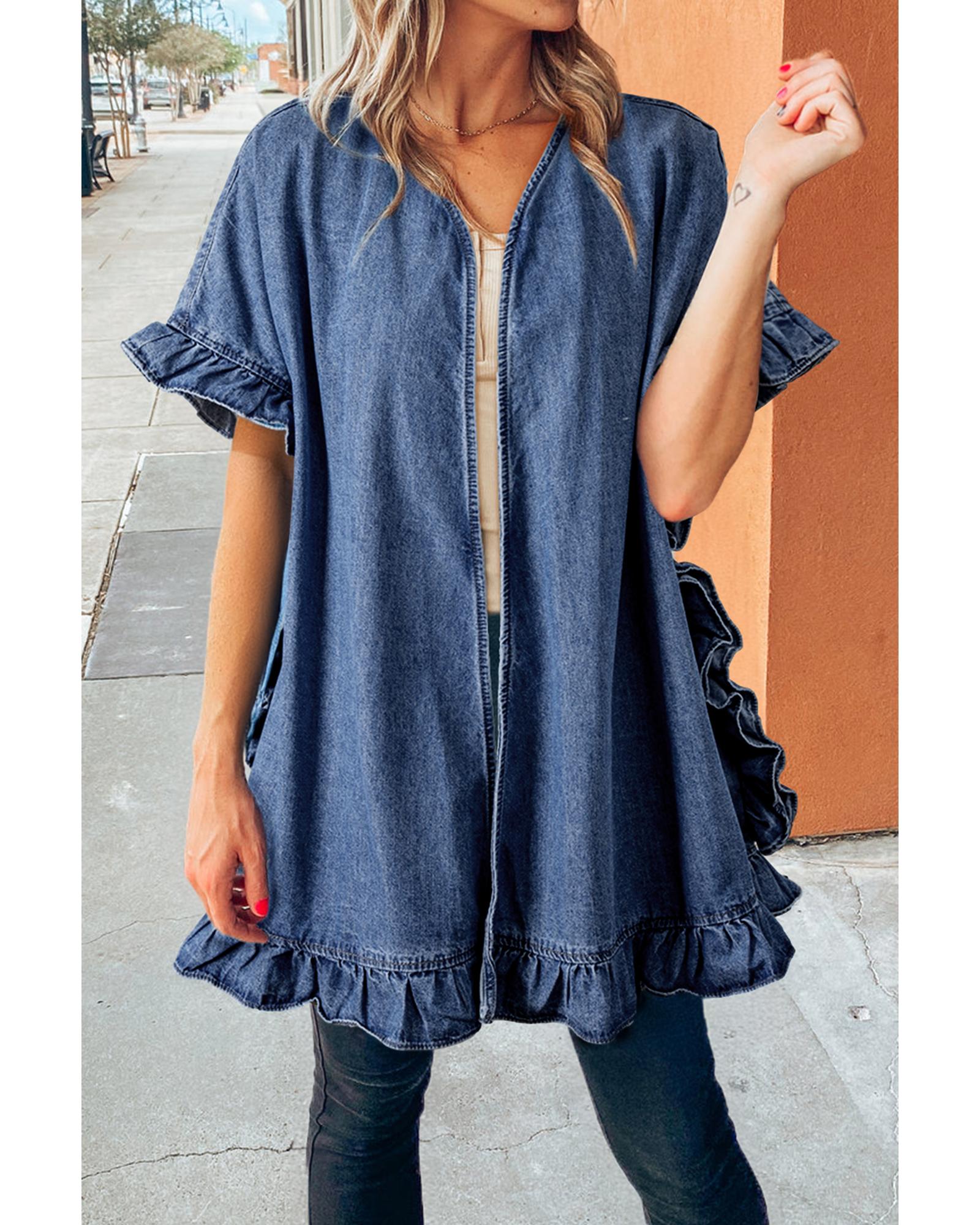Dusk Blue Chambray Ruffle Hem Half Sleeve Open Loose Kimono - L