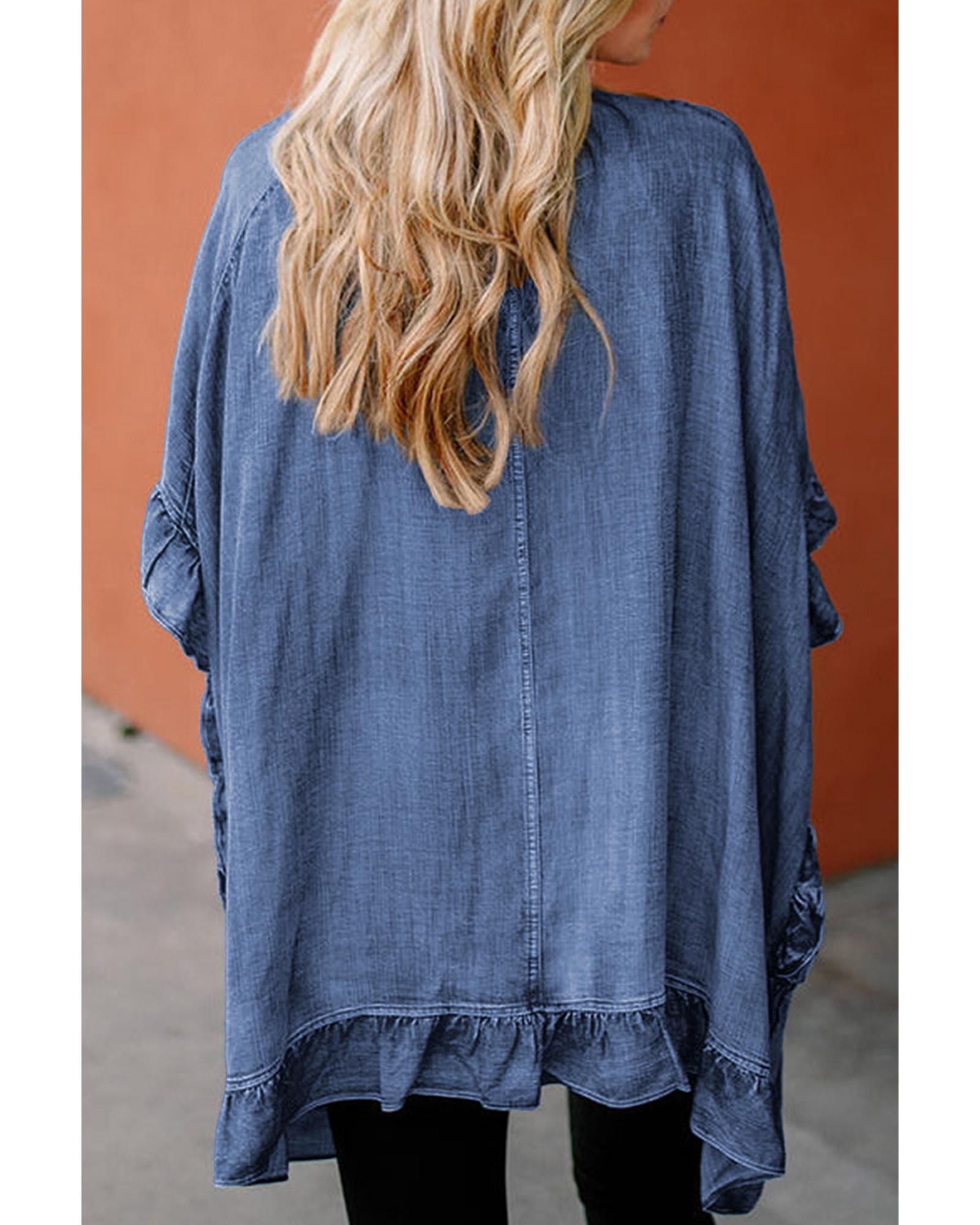 Dusk Blue Chambray Ruffle Hem Half Sleeve Open Loose Kimono - S