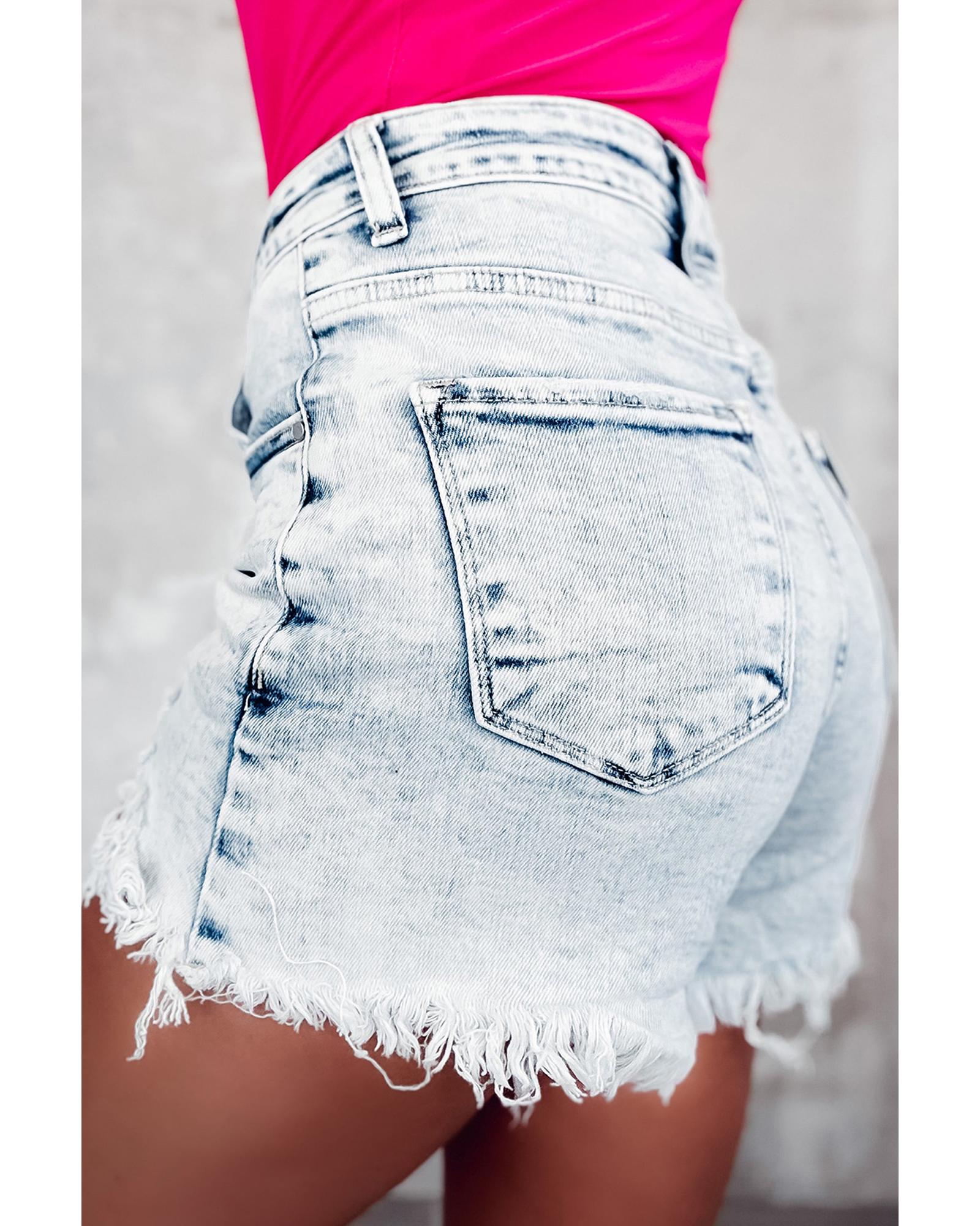 Light Blue Acid Wash Crossed Raw Edge Denim Shorts - 12 US