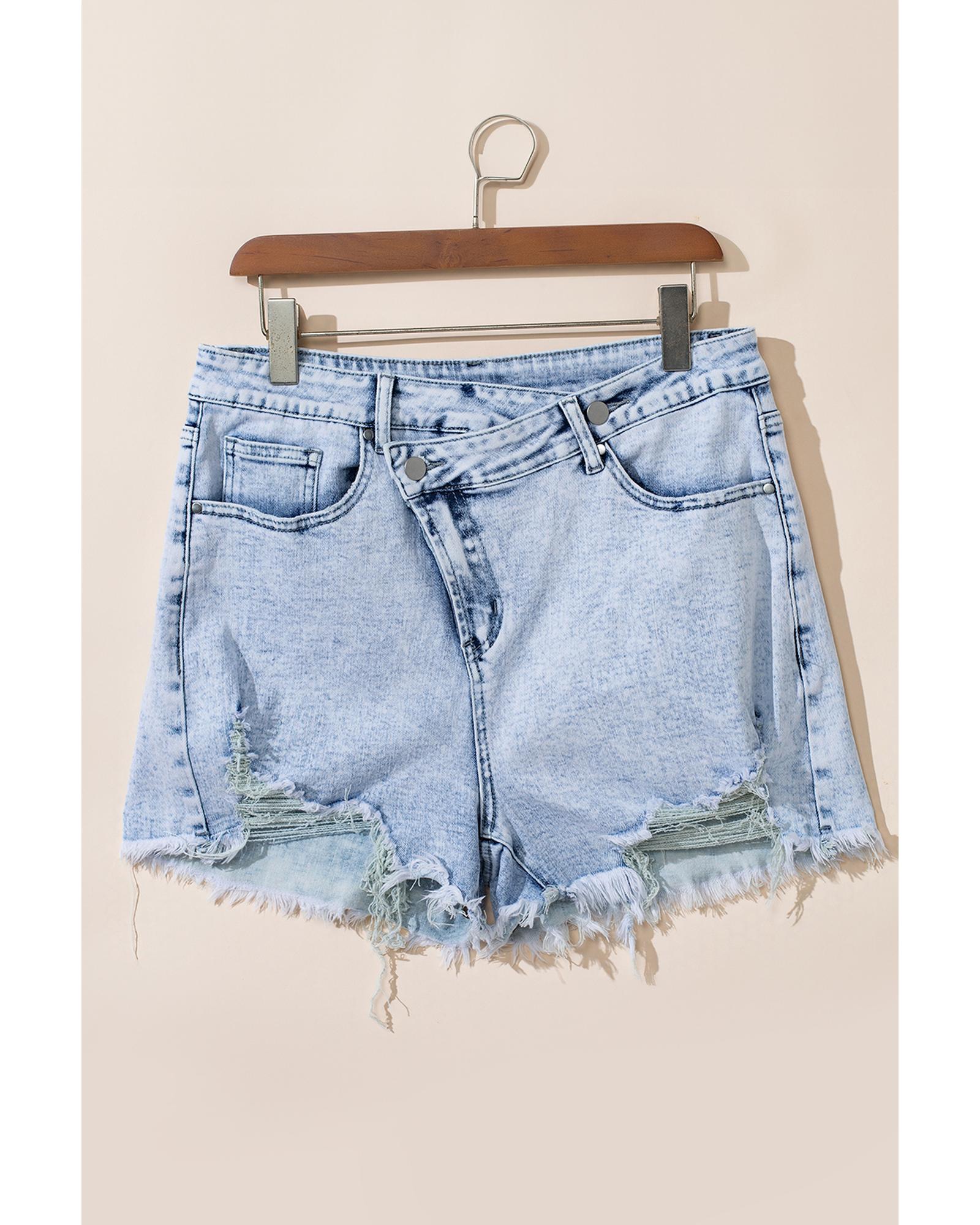 Light Blue Acid Wash Crossed Raw Edge Denim Shorts - 12 US