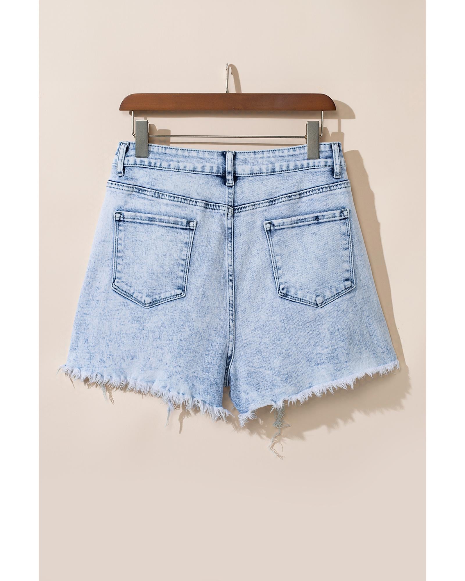 Light Blue Acid Wash Crossed Raw Edge Denim Shorts - 12 US