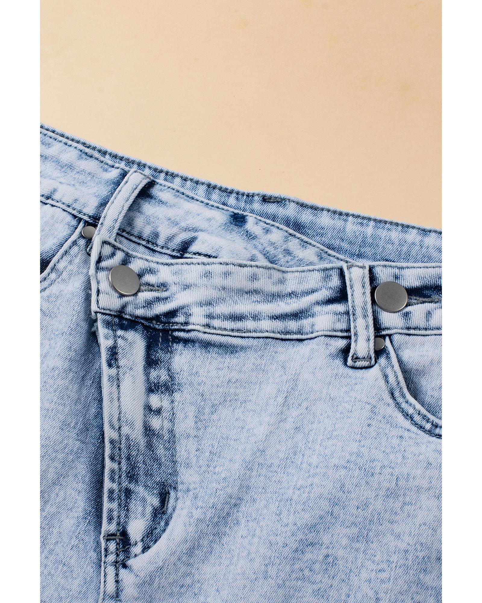 Light Blue Acid Wash Crossed Raw Edge Denim Shorts - 12 US