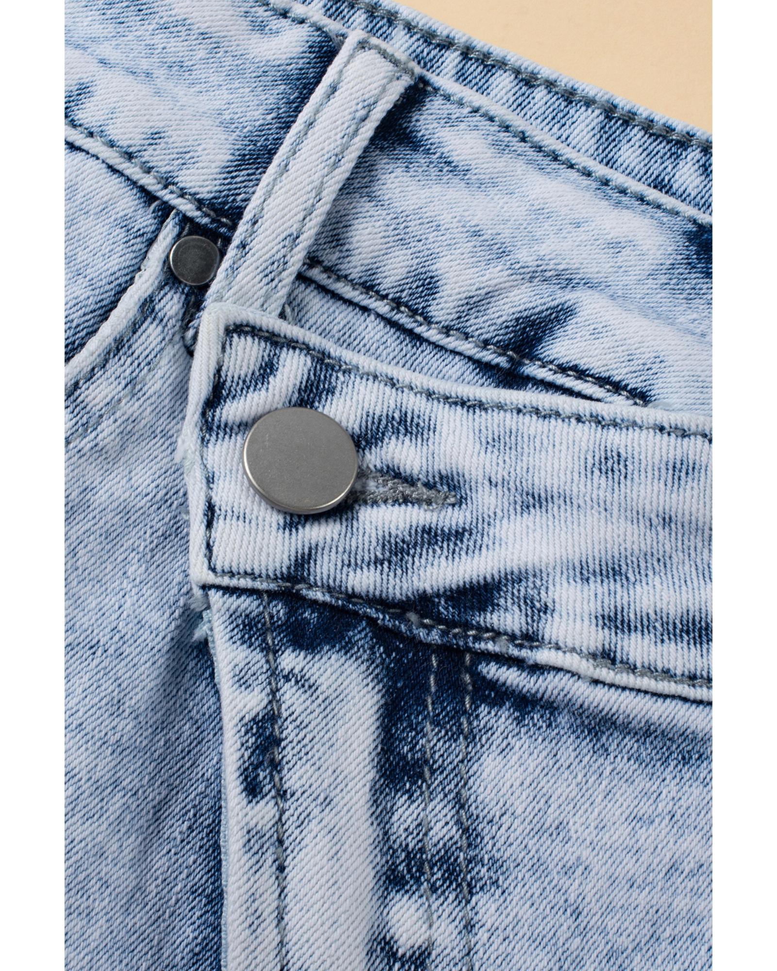 Light Blue Acid Wash Crossed Raw Edge Denim Shorts - 14 US