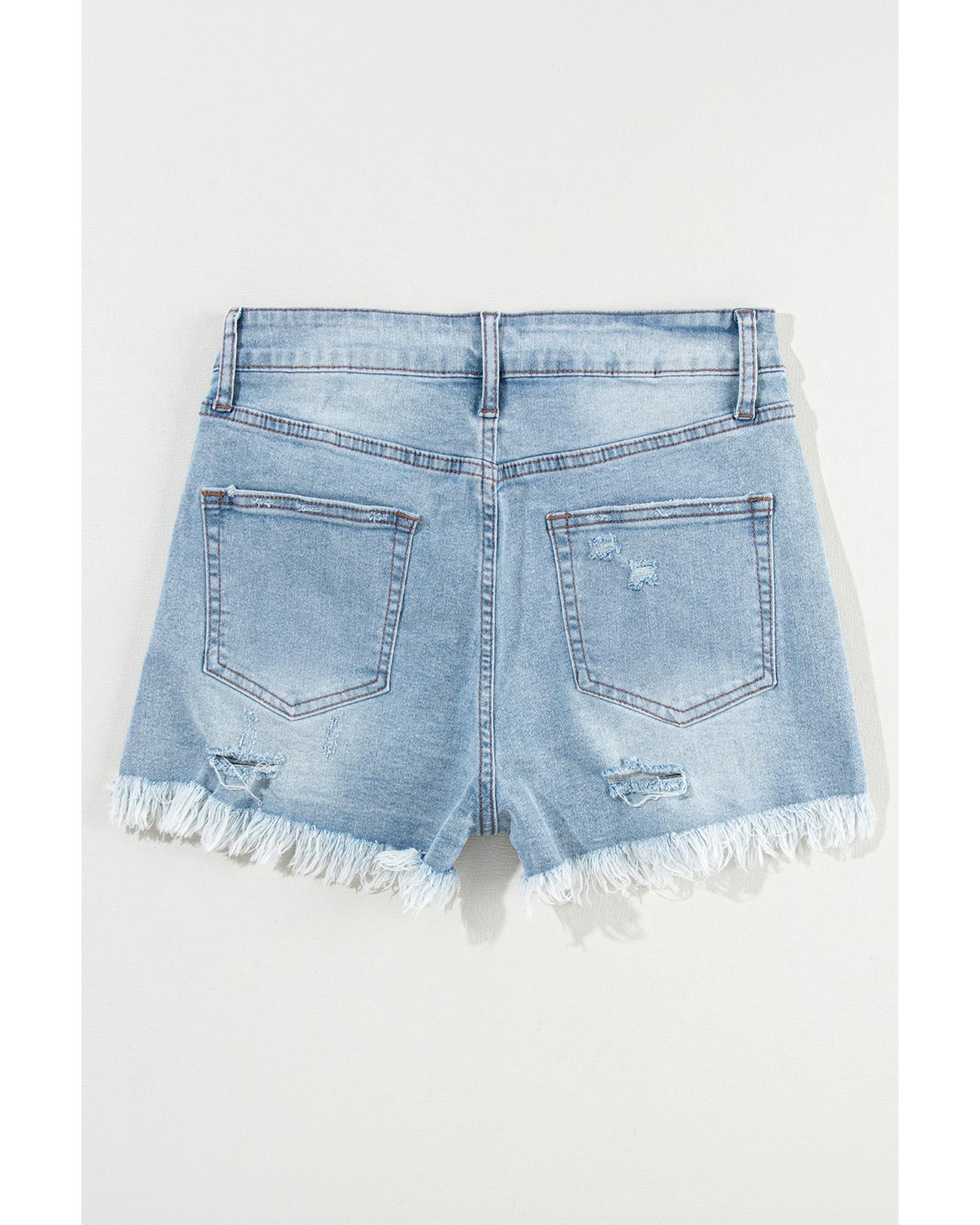 Light Blue Distressed Ripped Raw Hem High Waist Denim Shorts - 16 US