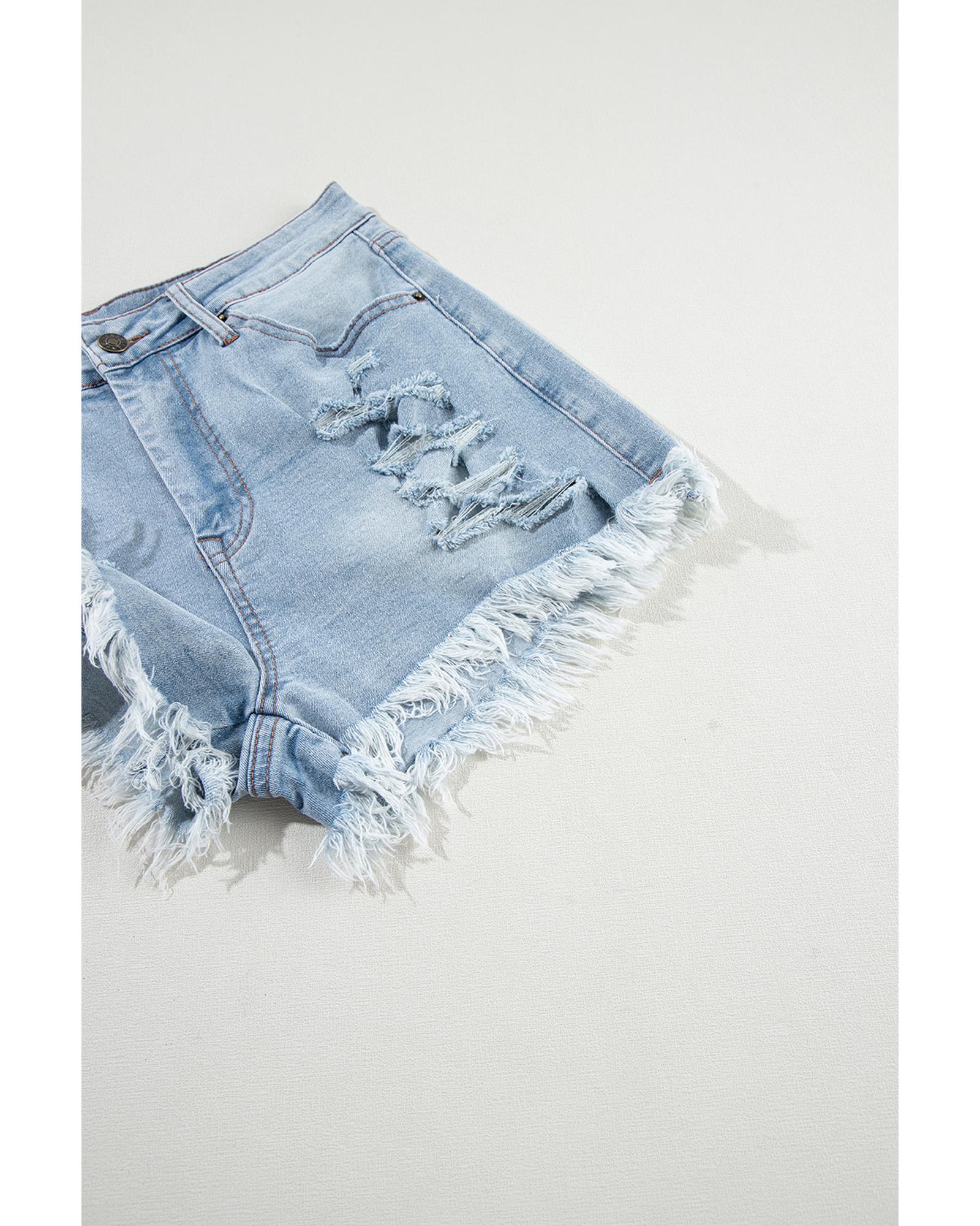 Light Blue Distressed Ripped Raw Hem High Waist Denim Shorts - 16 US