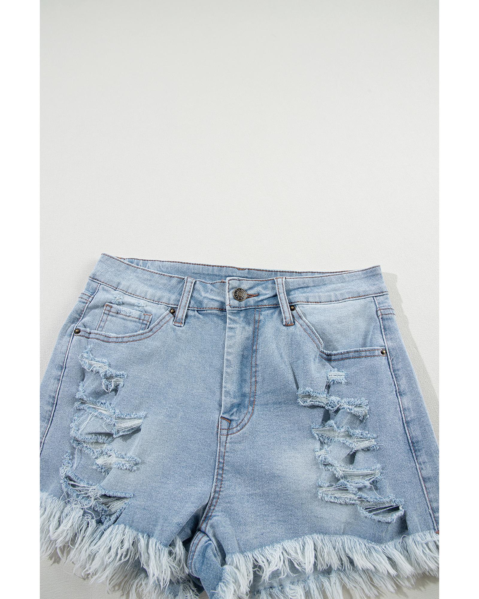 Light Blue Distressed Ripped Raw Hem High Waist Denim Shorts - 16 US