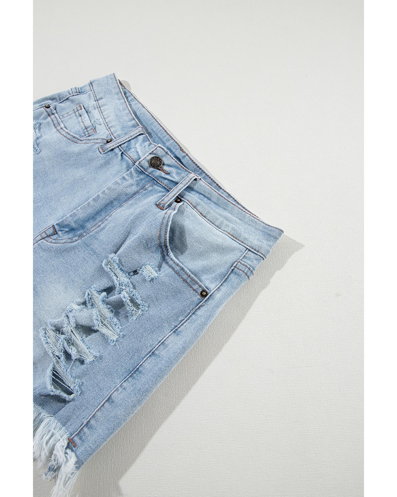 Light Blue Distressed Ripped Raw Hem High Waist Denim Shorts - 6 US