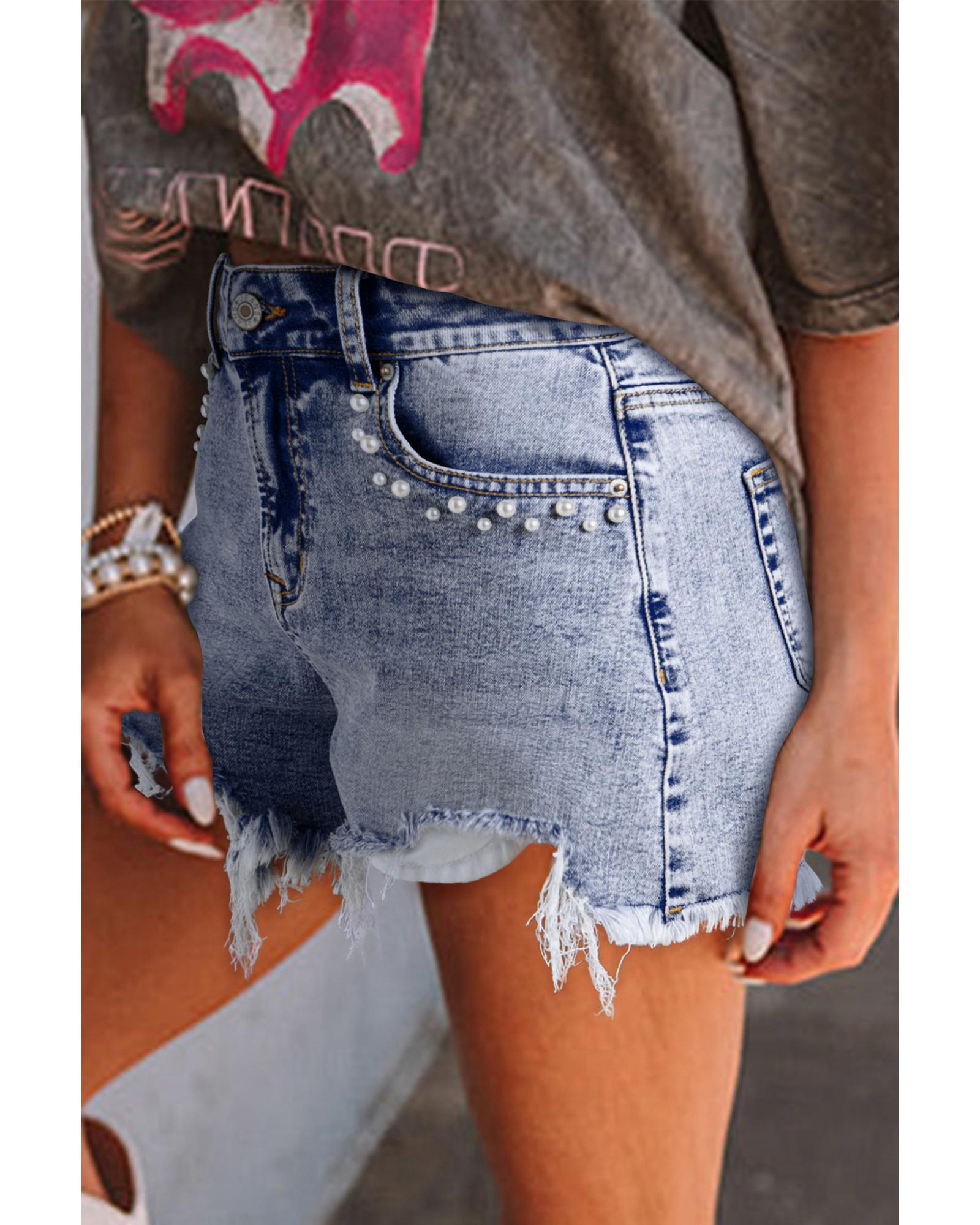 Beau Blue Pearl Studded Pockets Raw Hem Denim Shorts - 12 US