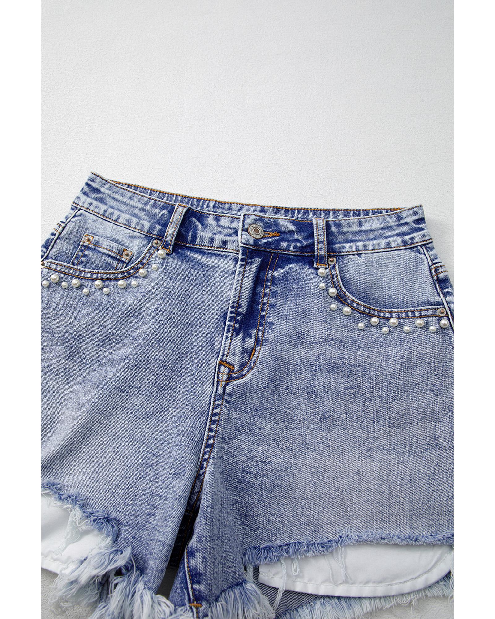 Beau Blue Pearl Studded Pockets Raw Hem Denim Shorts - 12 US