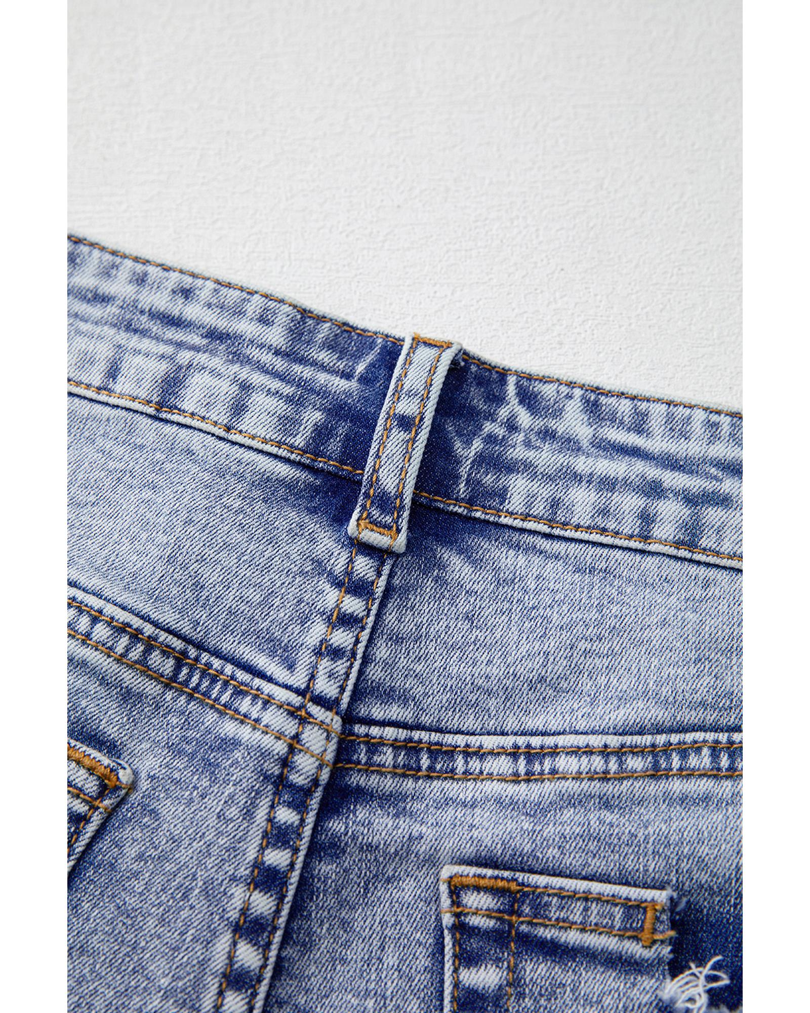Beau Blue Pearl Studded Pockets Raw Hem Denim Shorts - 14 US