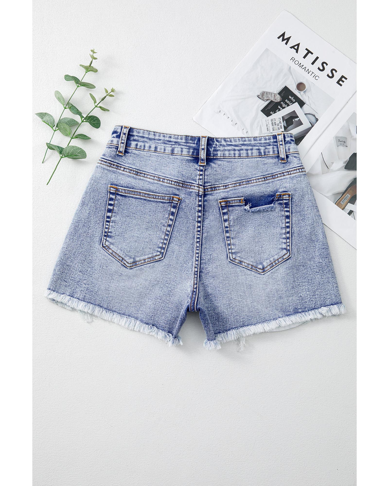 Beau Blue Pearl Studded Pockets Raw Hem Denim Shorts - 16 US