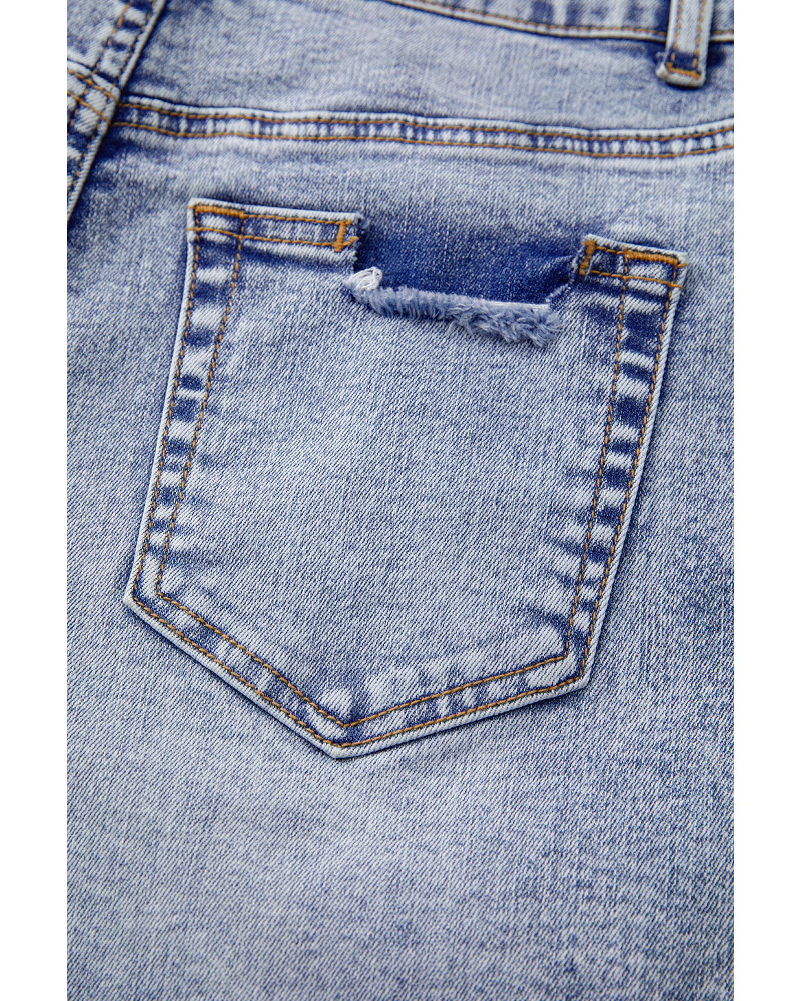 Beau Blue Pearl Studded Pockets Raw Hem Denim Shorts - 16 US