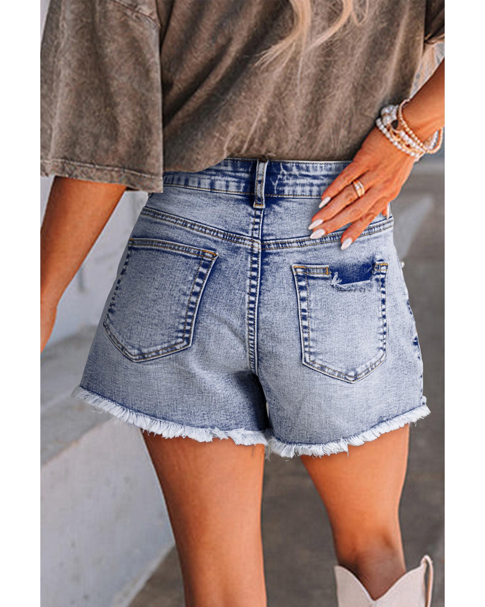 Beau Blue Pearl Studded Pockets Raw Hem Denim Shorts - 6 US