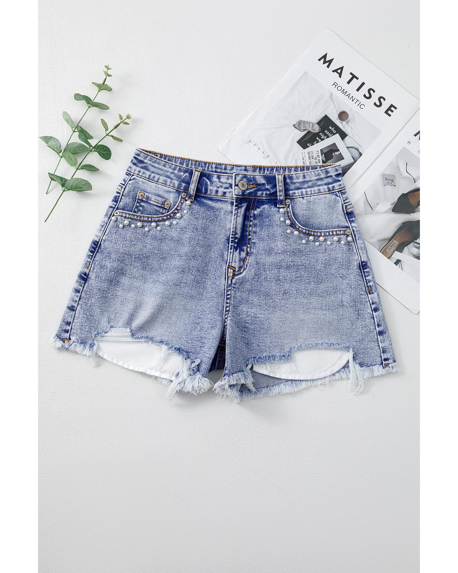 Beau Blue Pearl Studded Pockets Raw Hem Denim Shorts - 6 US