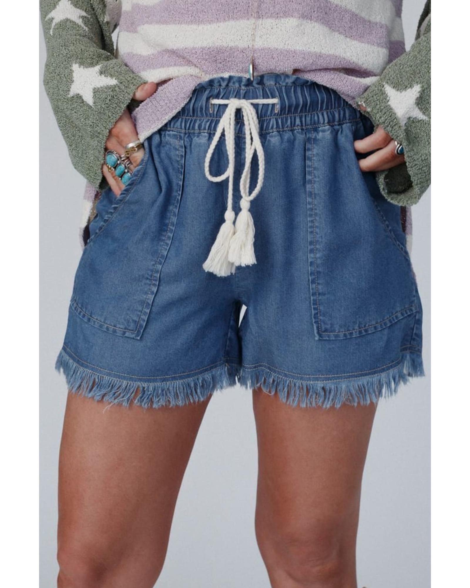 Ashleigh Blue Raw Hem Drawstring High Waist Denim Shorts with Pockets - 10 US