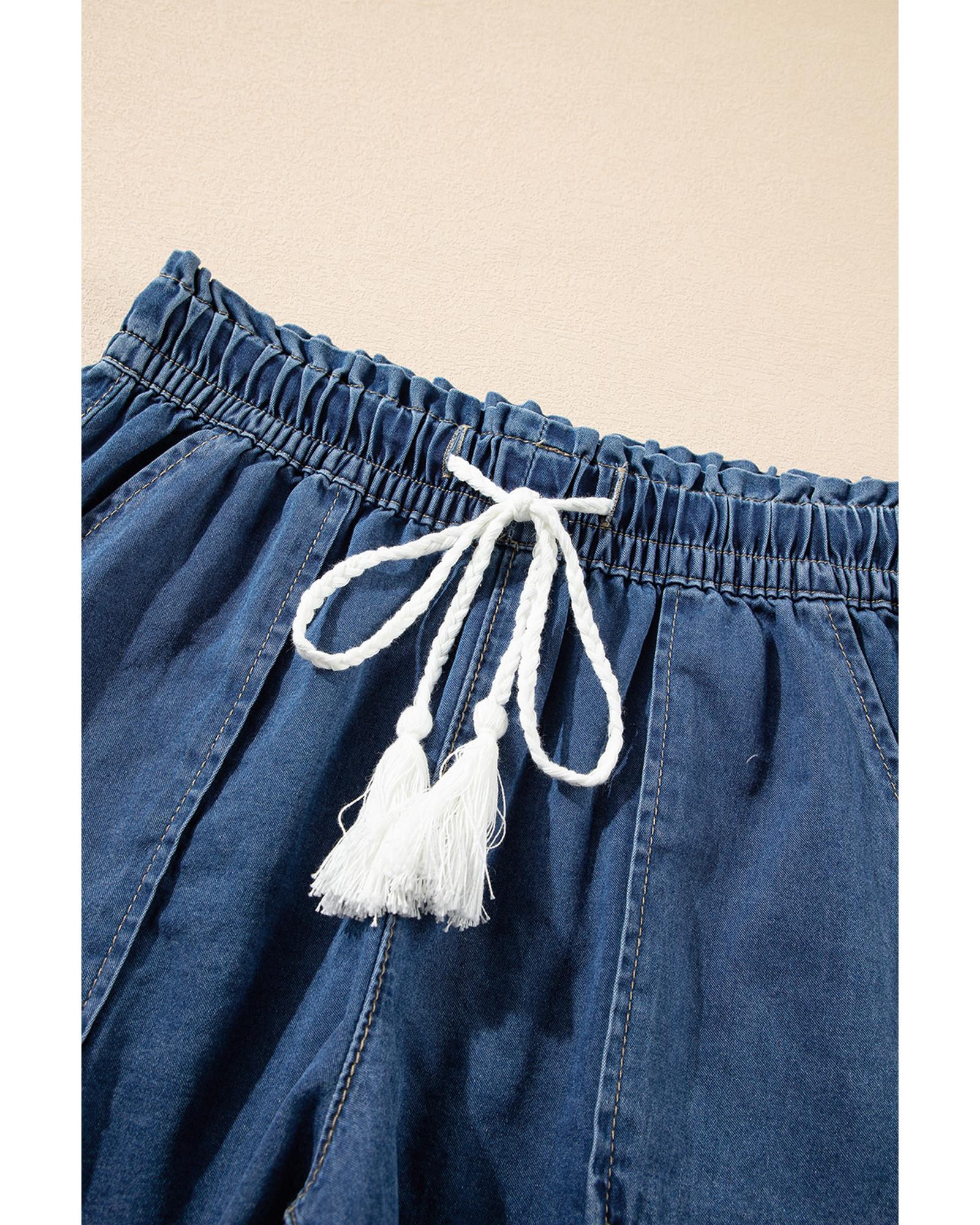 Ashleigh Blue Raw Hem Drawstring High Waist Denim Shorts with Pockets - 12 US