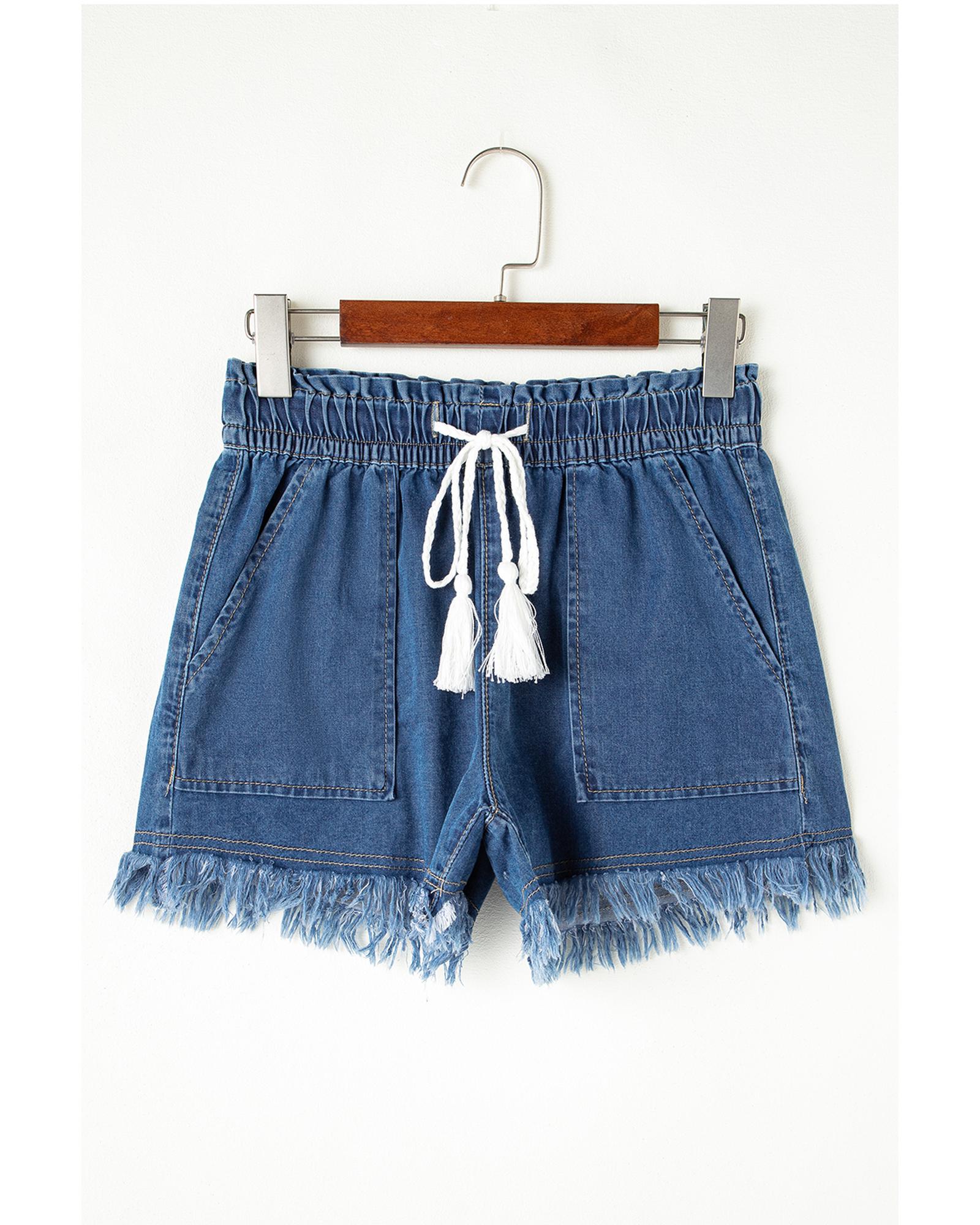 Ashleigh Blue Raw Hem Drawstring High Waist Denim Shorts with Pockets - 12 US