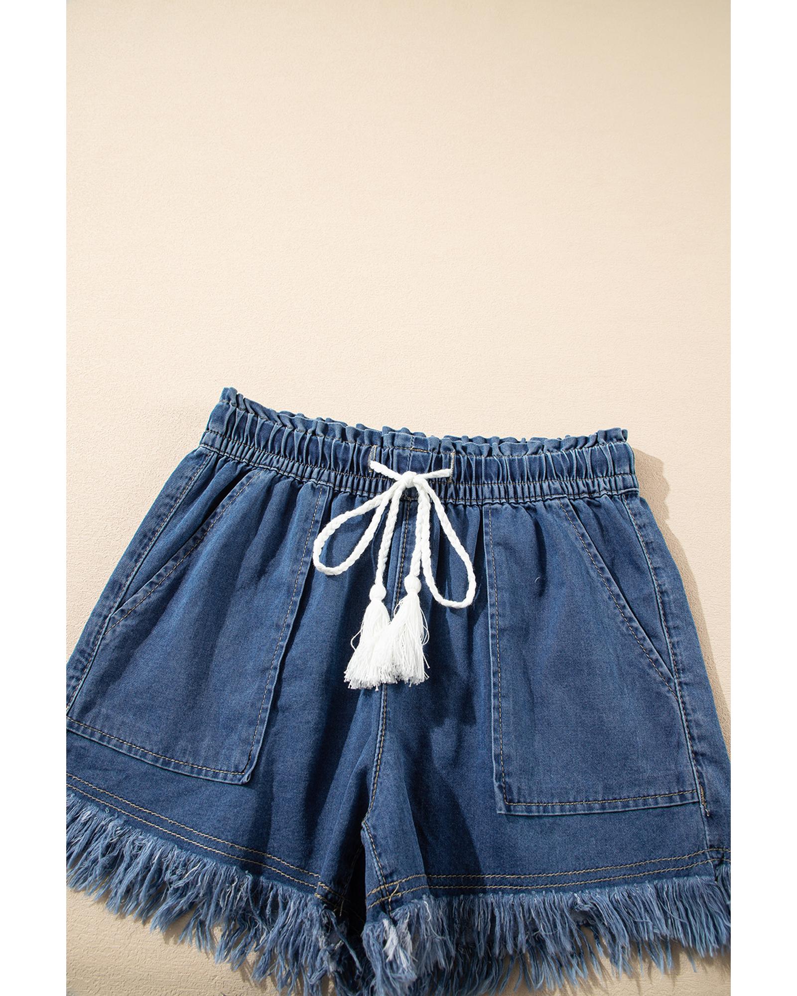 Ashleigh Blue Raw Hem Drawstring High Waist Denim Shorts with Pockets - 14 US