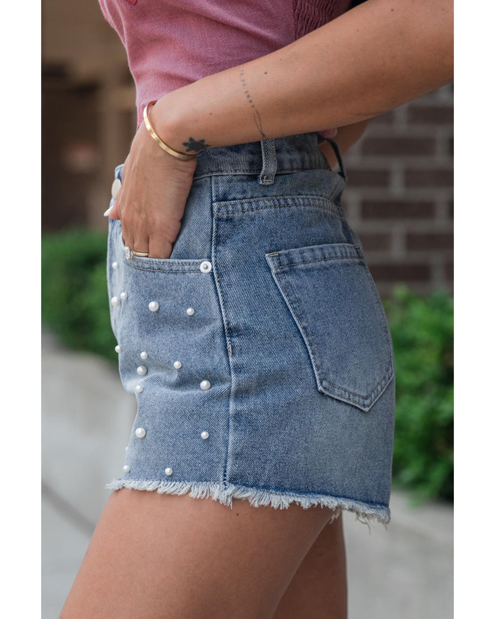 Dusk Blue Pearl Beaded Raw Hem Medium Wash Denim Shorts - 6 US