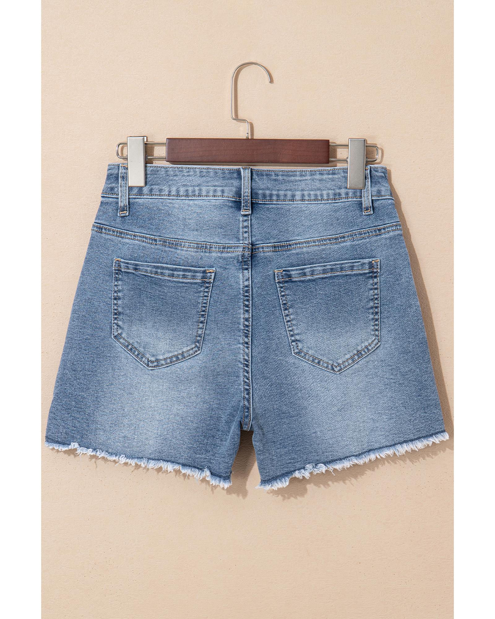 Dusk Blue Pearl Beaded Raw Hem Medium Wash Denim Shorts - 6 US
