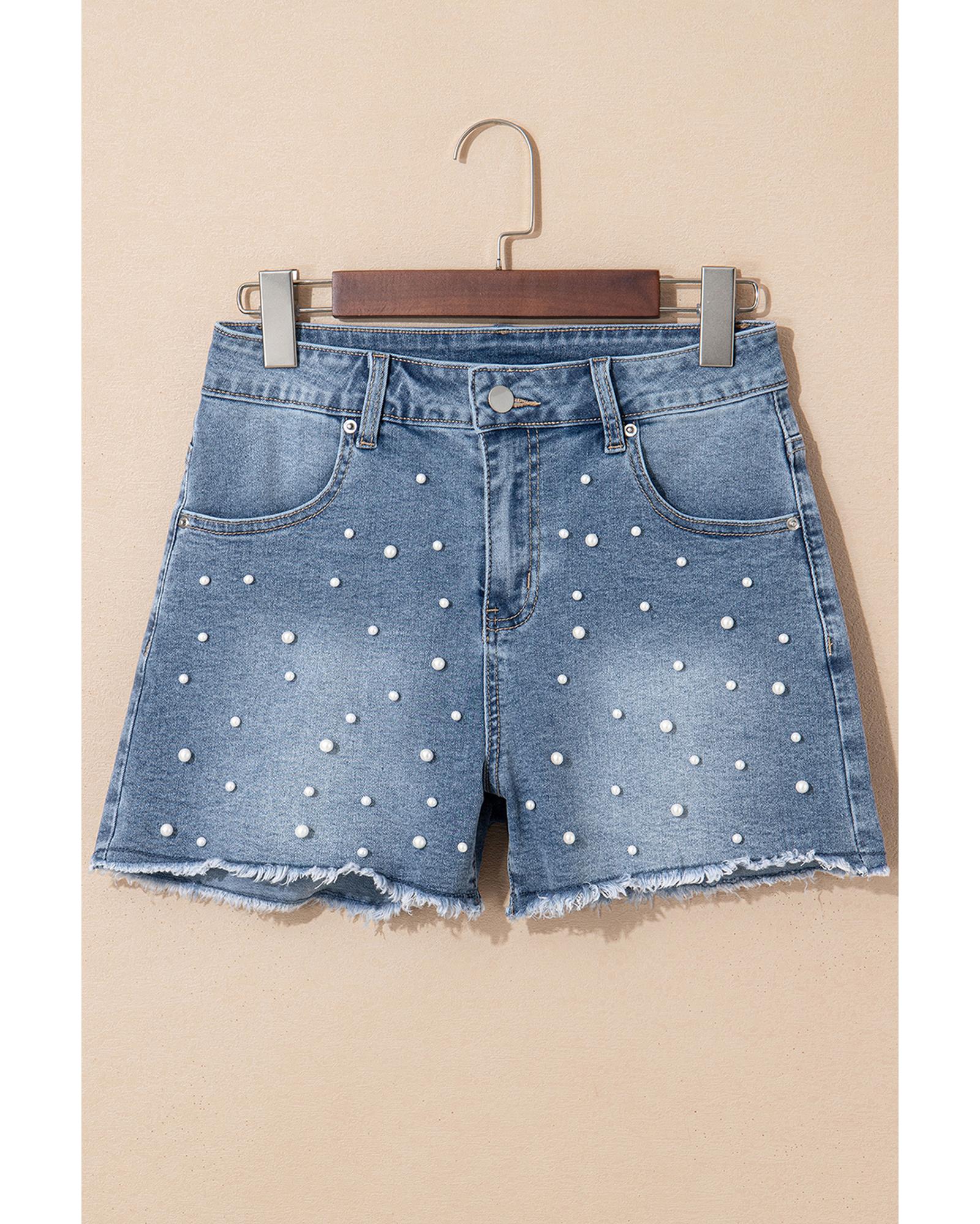 Dusk Blue Pearl Beaded Raw Hem Medium Wash Denim Shorts - 8 US
