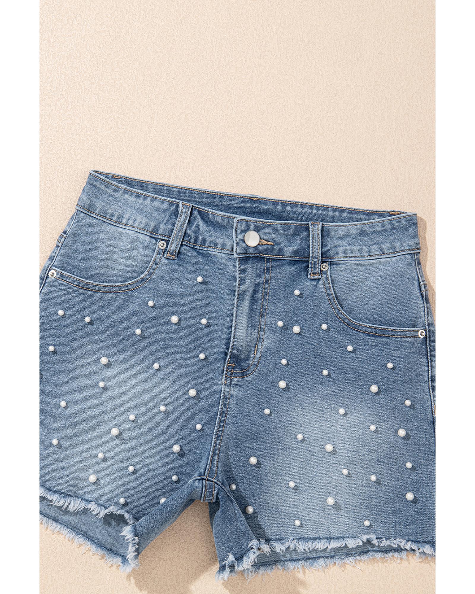 Dusk Blue Pearl Beaded Raw Hem Medium Wash Denim Shorts - 8 US
