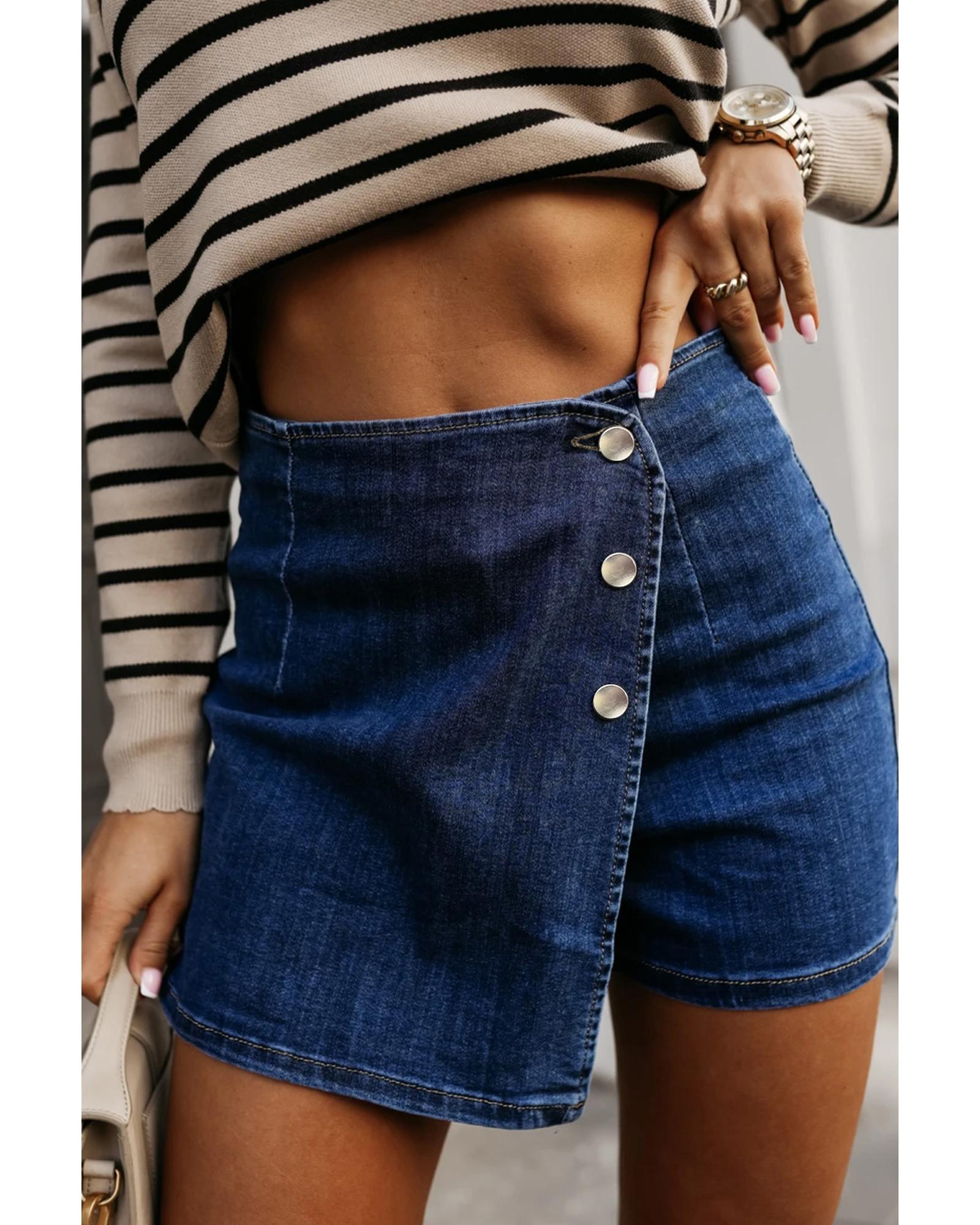 Bluing Asymmetric Wrapped Buttoned High Waist Denim Shorts - 10 US