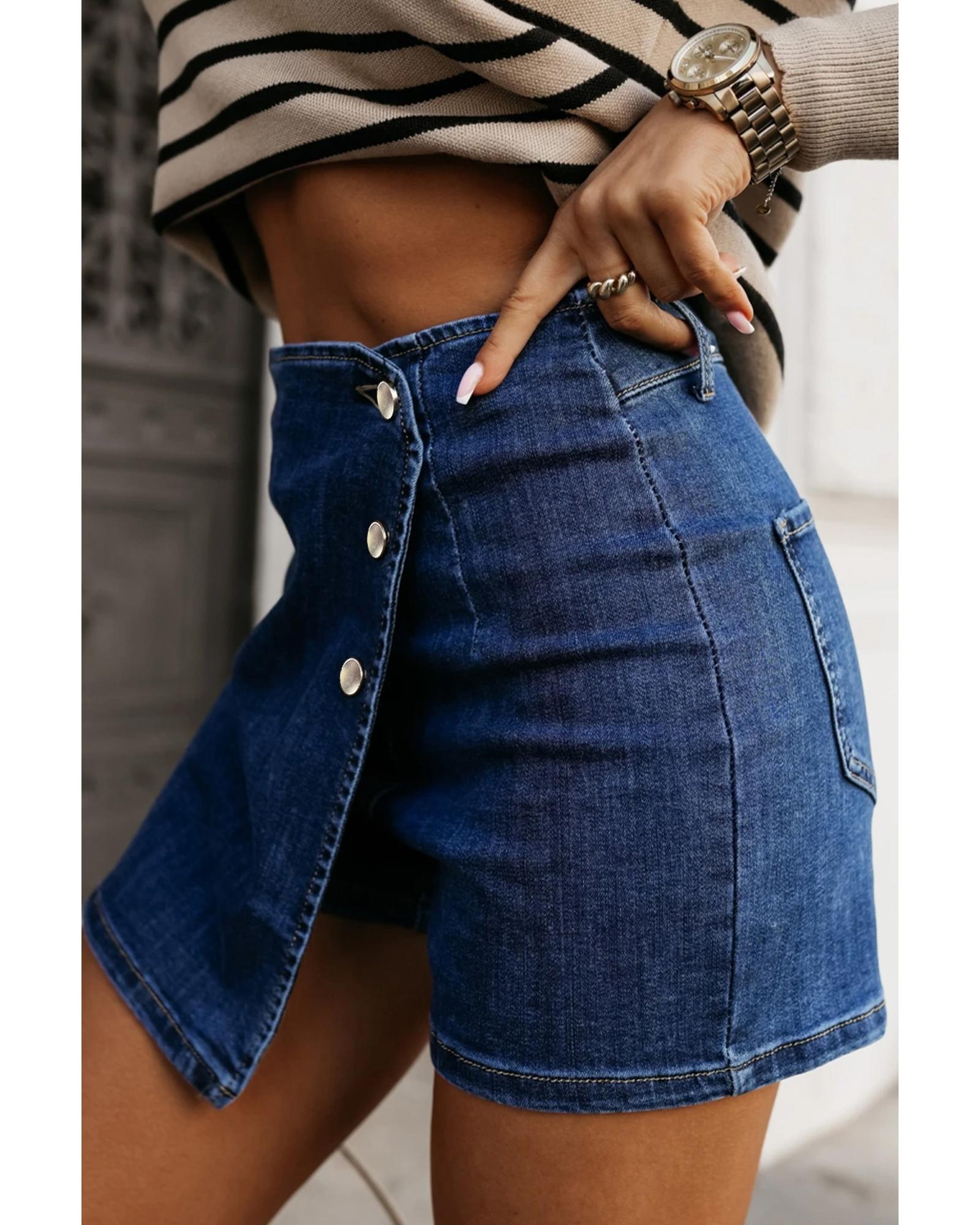 Bluing Asymmetric Wrapped Buttoned High Waist Denim Shorts - 10 US