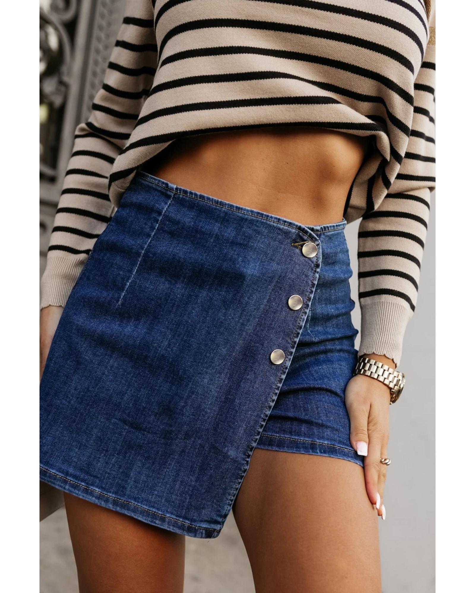 Bluing Asymmetric Wrapped Buttoned High Waist Denim Shorts - 10 US