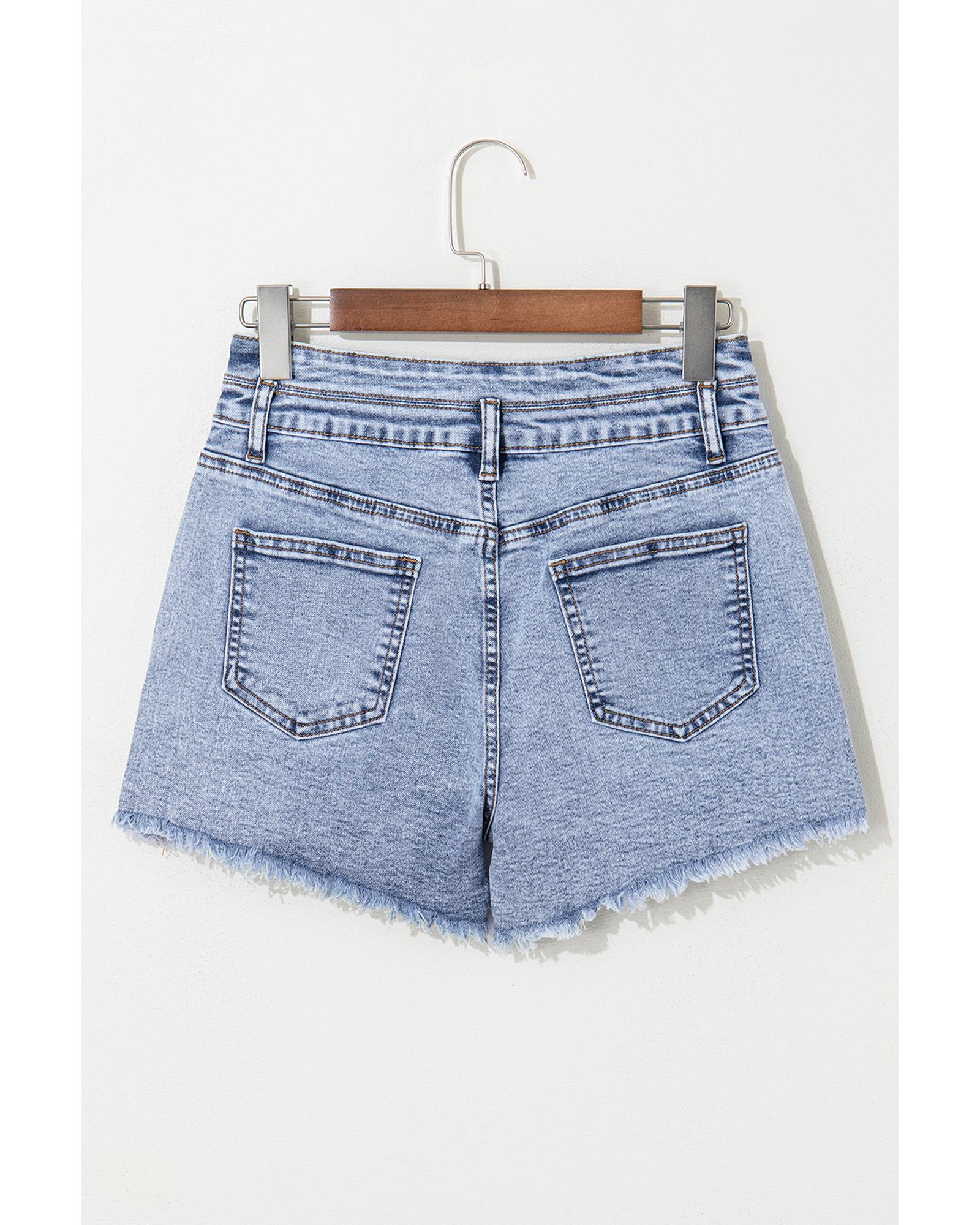 Beau Blue Rhinestone Light Wash Raw Hem High Waist Denim Shorts - 12 US