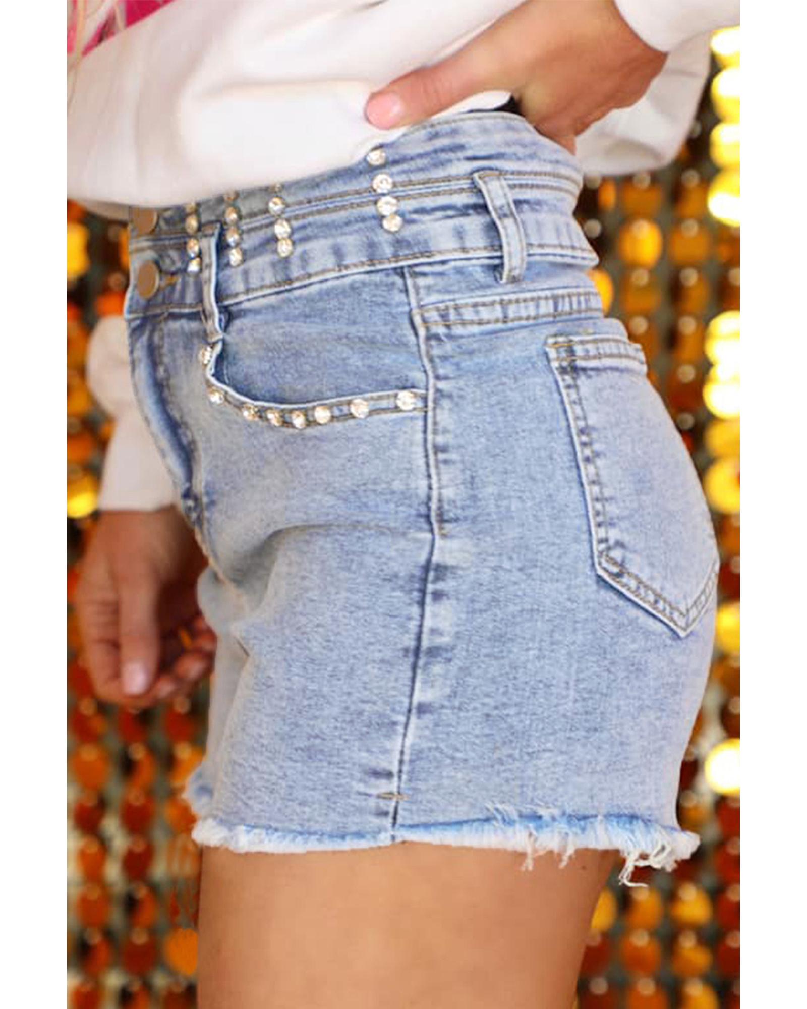 Beau Blue Rhinestone Light Wash Raw Hem High Waist Denim Shorts - 14 US