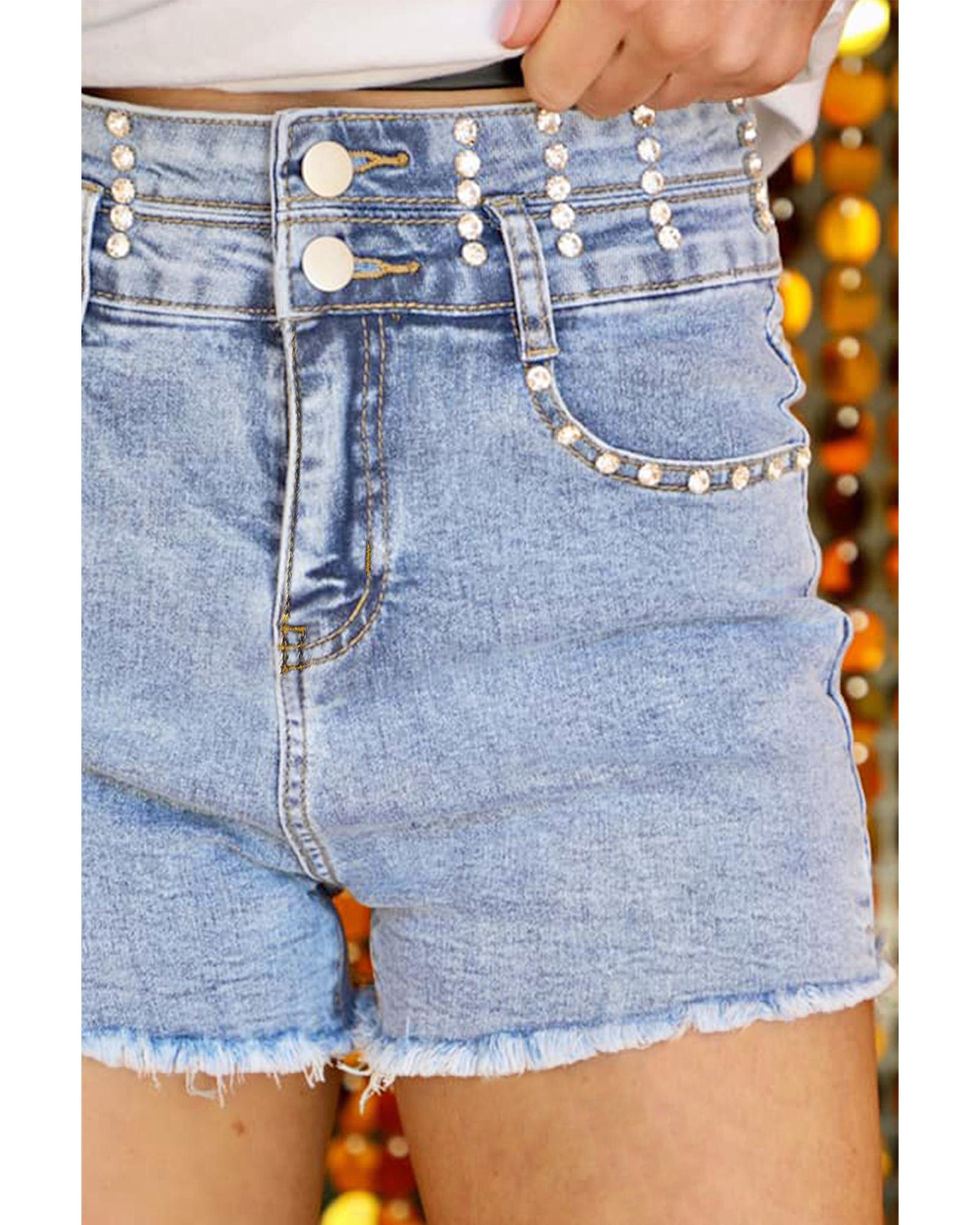Beau Blue Rhinestone Light Wash Raw Hem High Waist Denim Shorts - 14 US