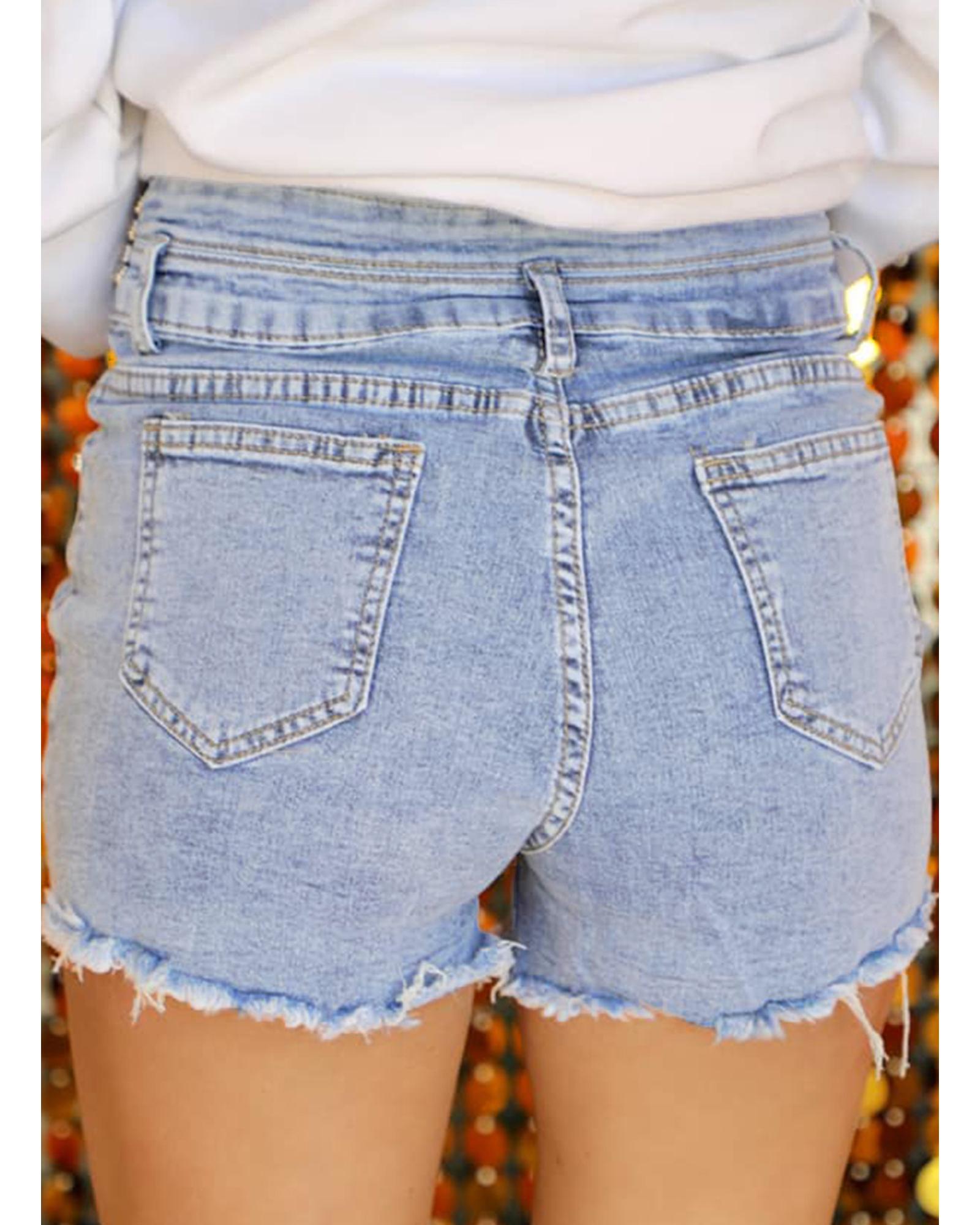 Beau Blue Rhinestone Light Wash Raw Hem High Waist Denim Shorts - 6 US