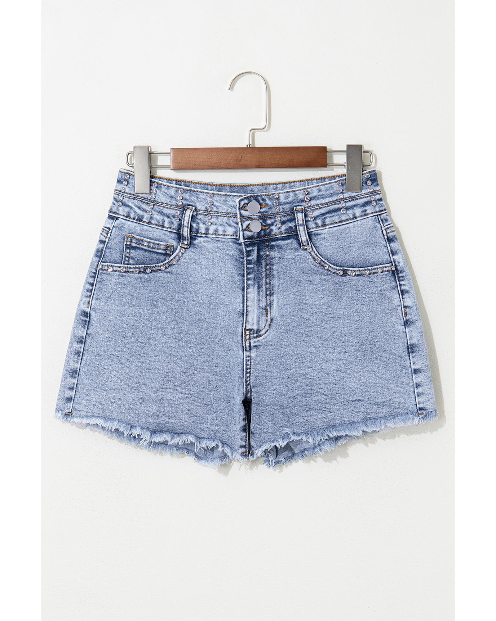 Beau Blue Rhinestone Light Wash Raw Hem High Waist Denim Shorts - 6 US