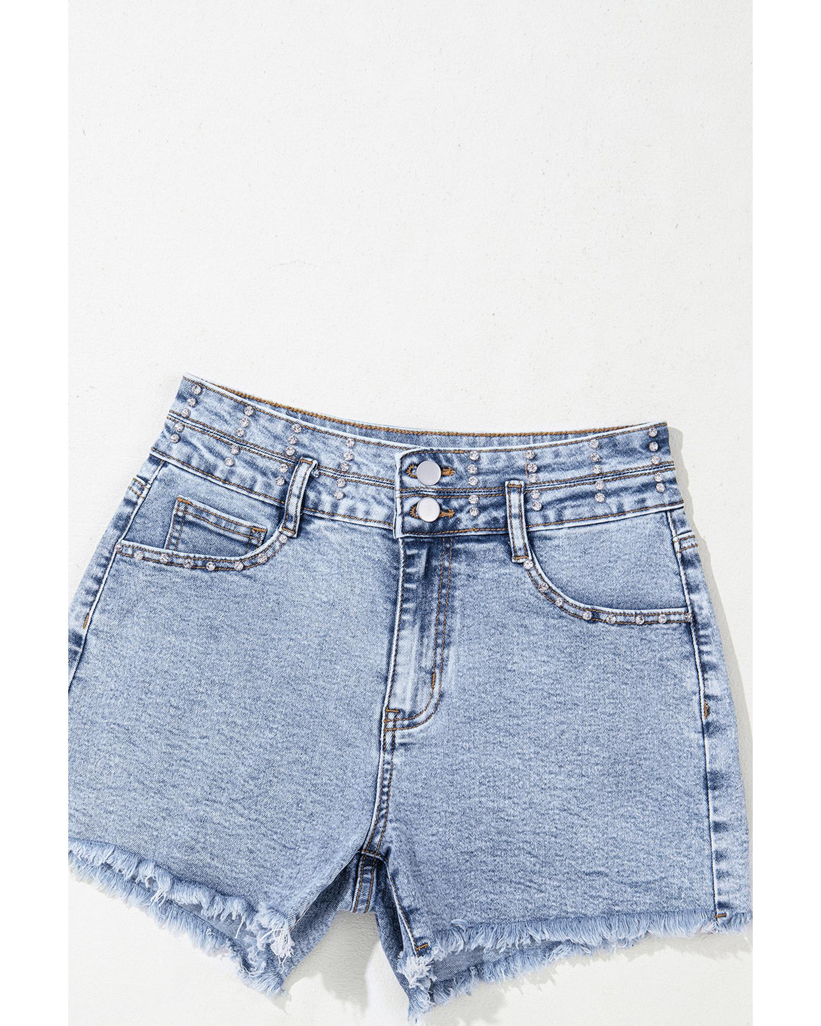 Beau Blue Rhinestone Light Wash Raw Hem High Waist Denim Shorts - 6 US
