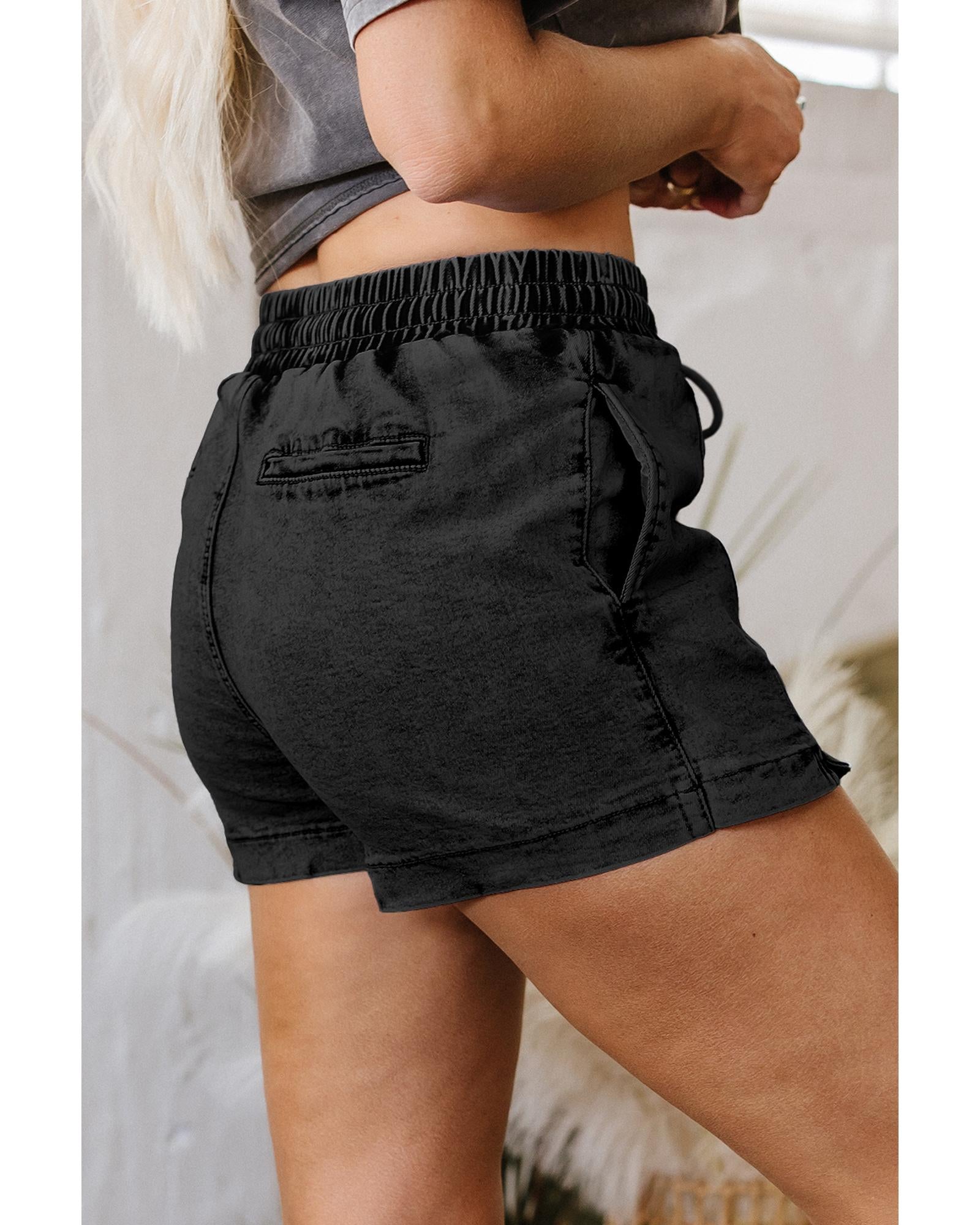 Black Drawstring High Waist Pocketed Denim Shorts - 8 US