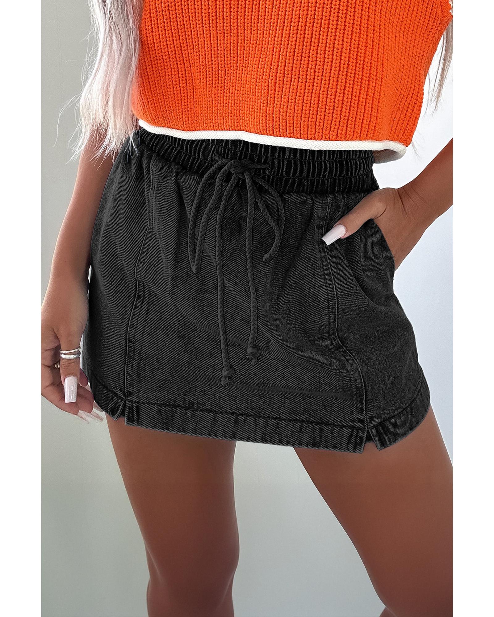 Black Drawstring High Waist Pocketed Denim Shorts - 8 US