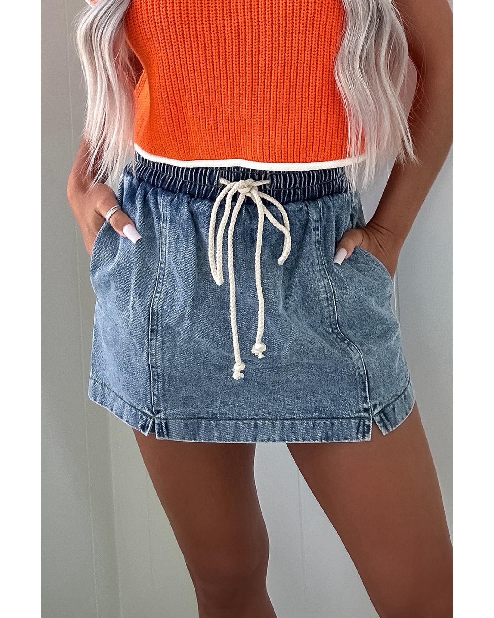 Dusk Blue Drawstring High Waist Pocketed Denim Shorts - 10 US