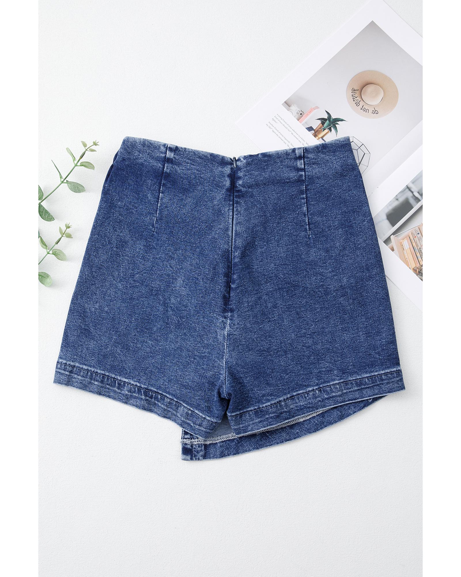 Sail Blue Acid Wash Asymmetric Twisted Wrapped Zipped Denim Skort - 12 US