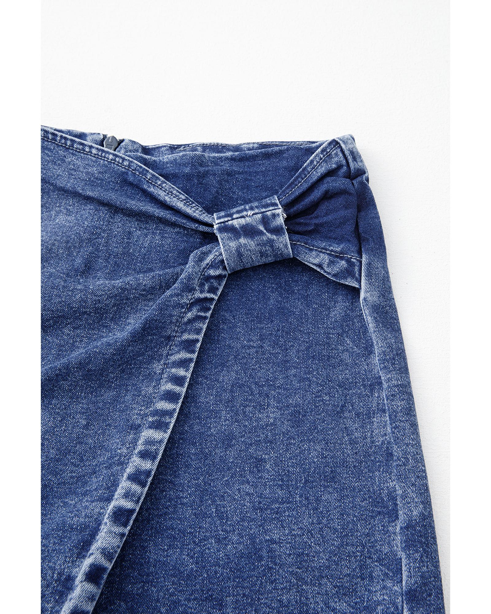 Sail Blue Acid Wash Asymmetric Twisted Wrapped Zipped Denim Skort - 12 US