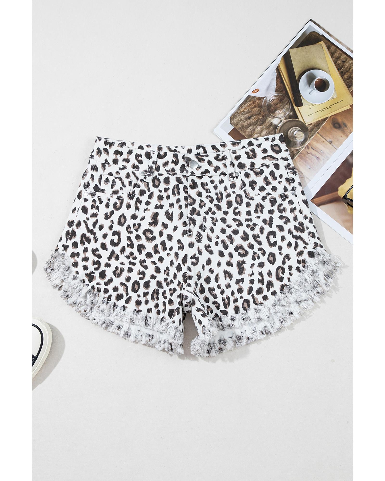White Leopard Frayed Hem Denim Shorts - 12 US