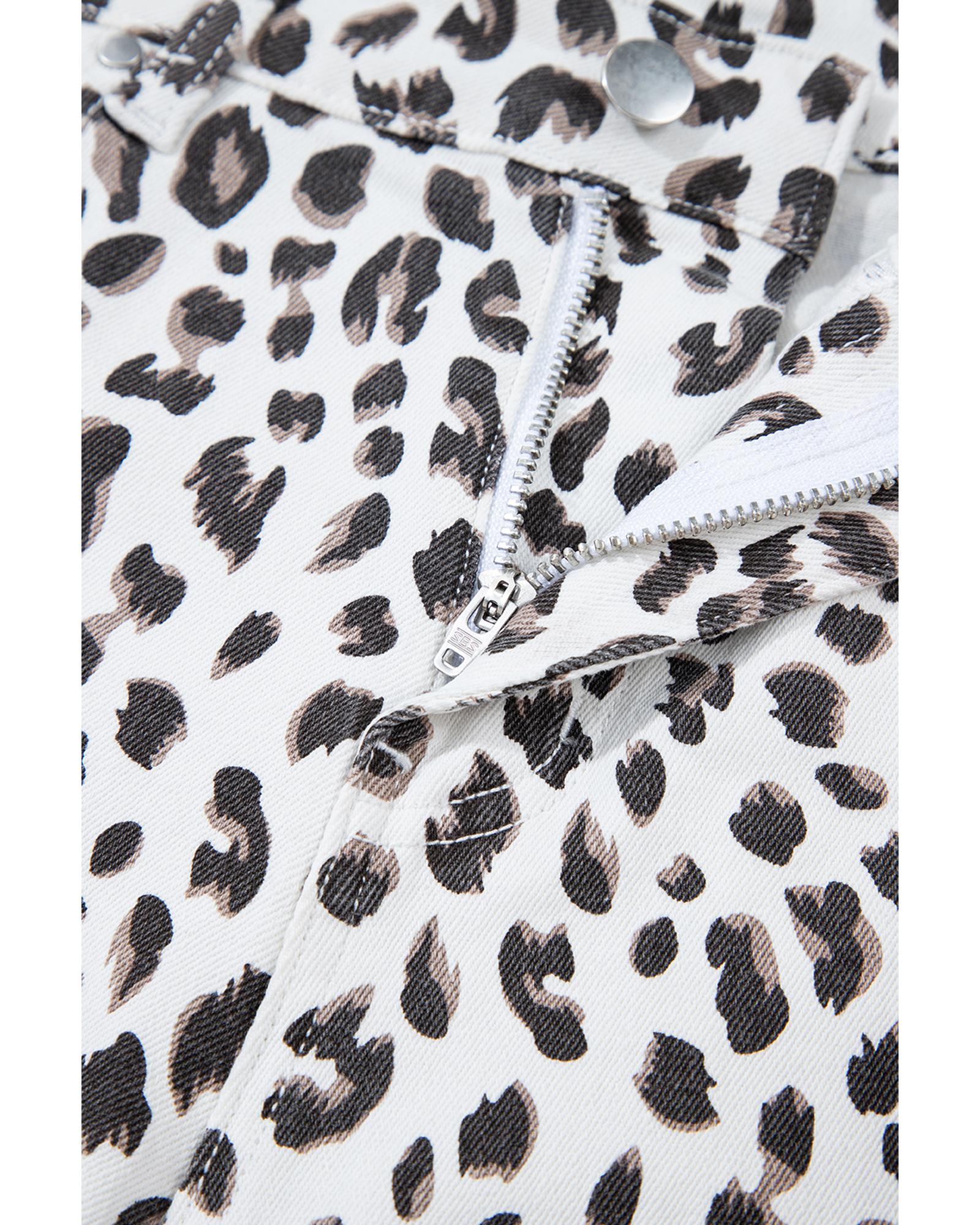 White Leopard Frayed Hem Denim Shorts - 12 US
