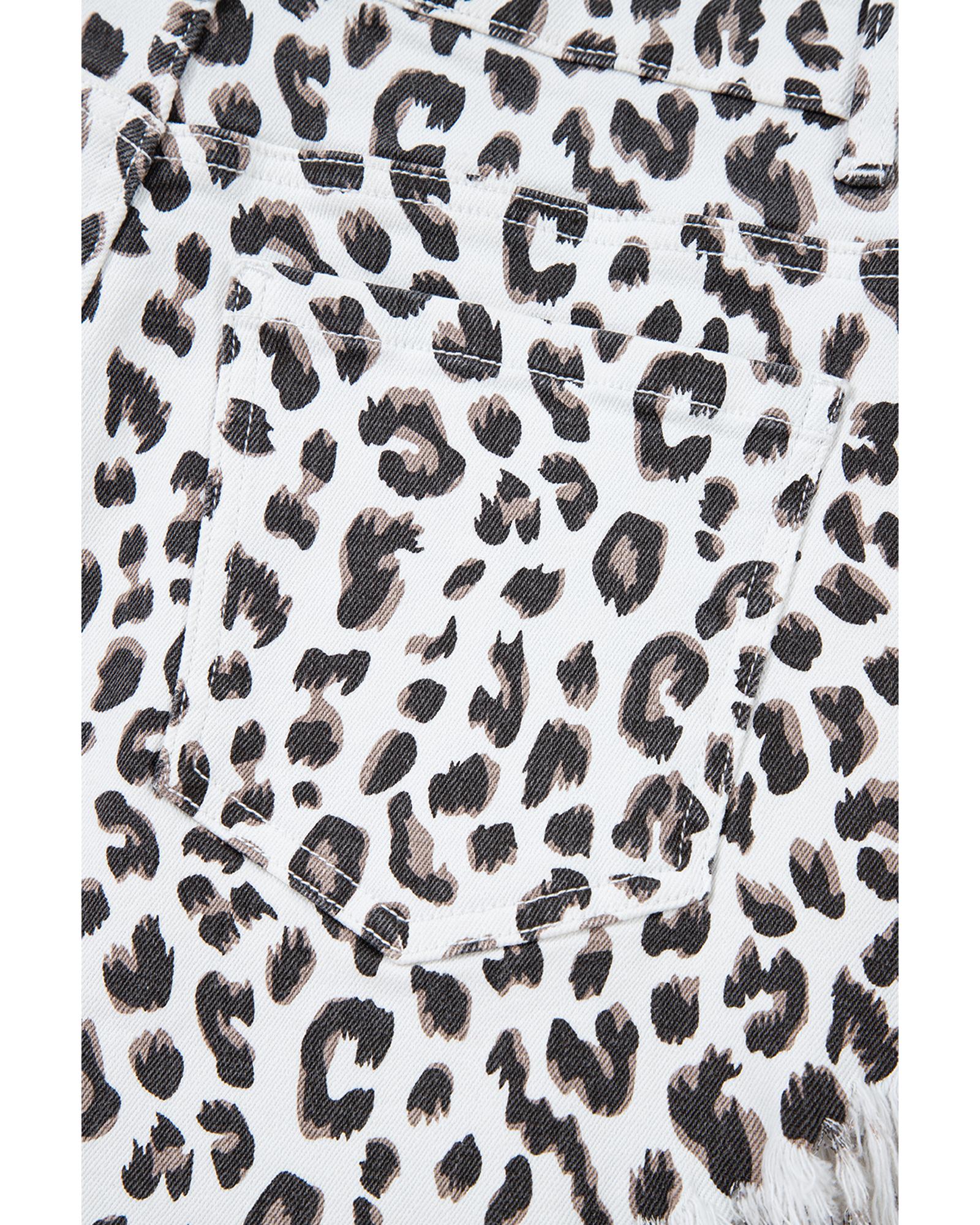 White Leopard Frayed Hem Denim Shorts - 14 US