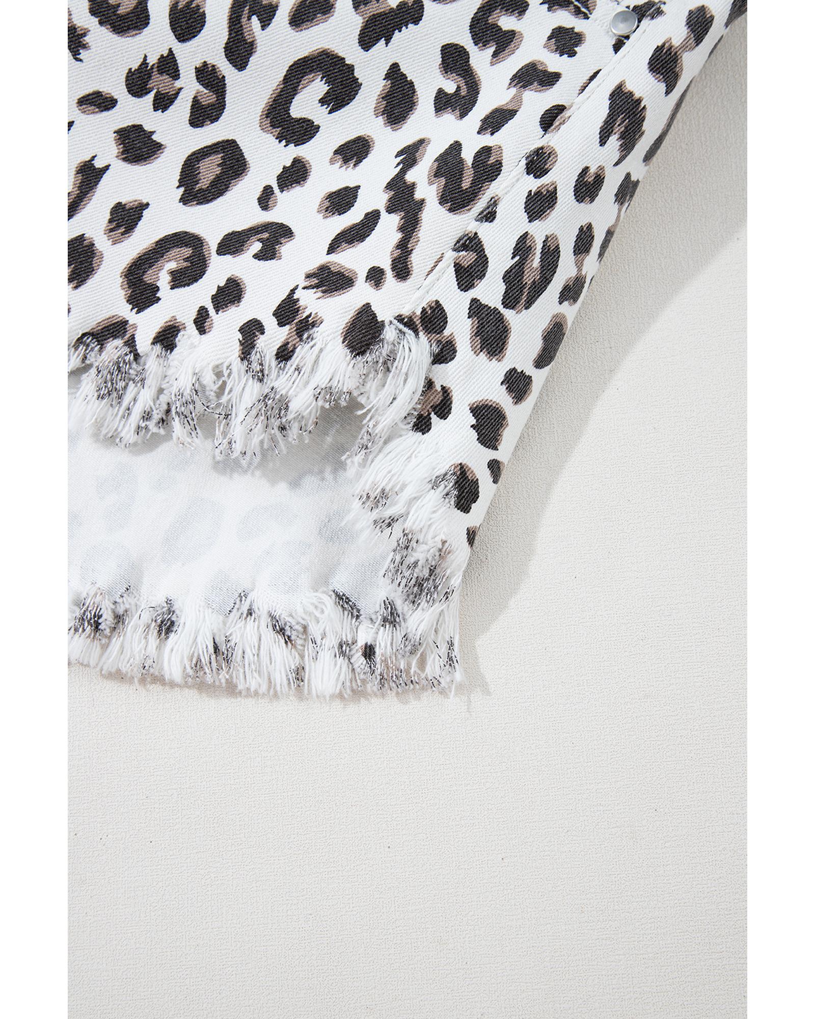 White Leopard Frayed Hem Denim Shorts - 4 US
