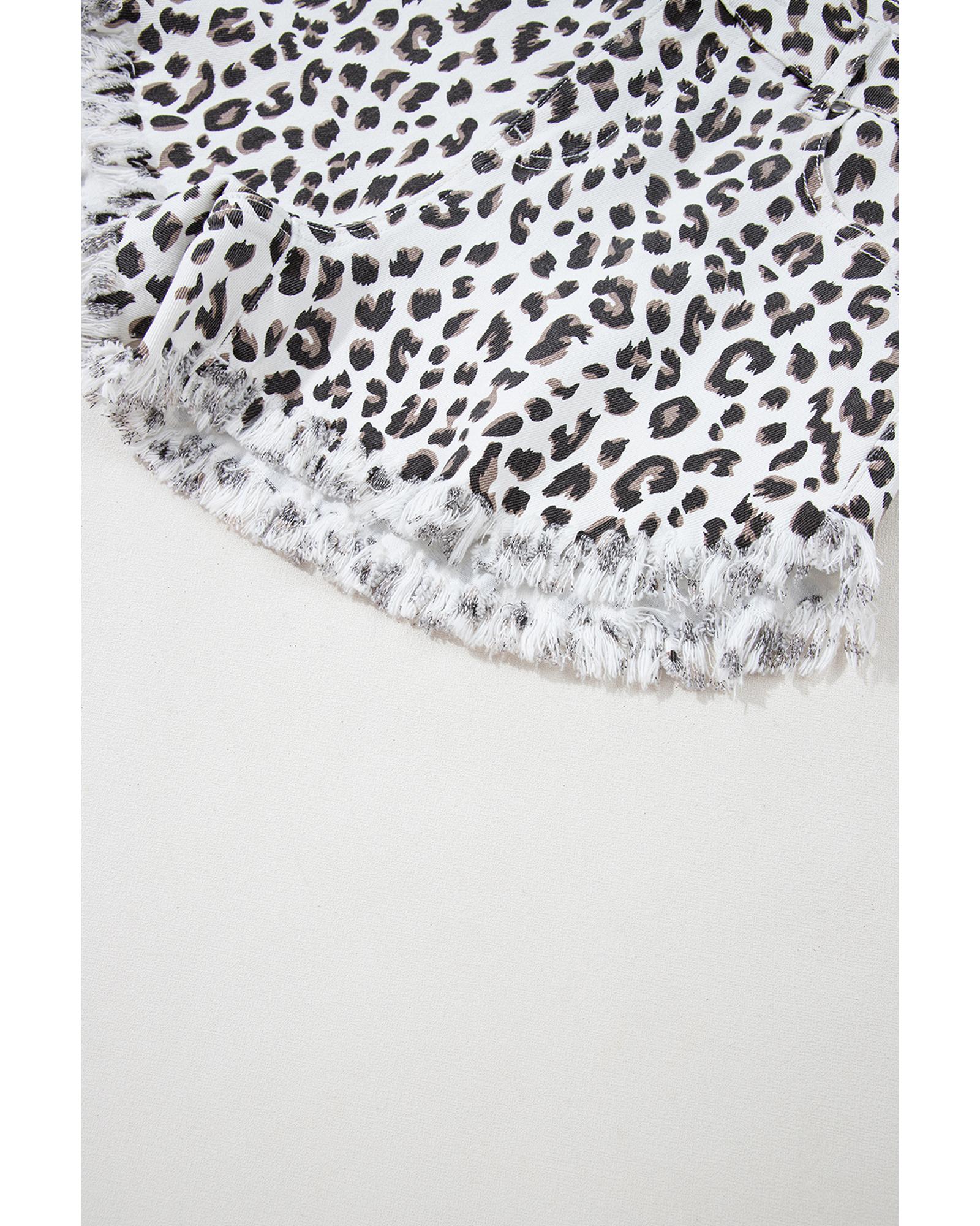White Leopard Frayed Hem Denim Shorts - 4 US