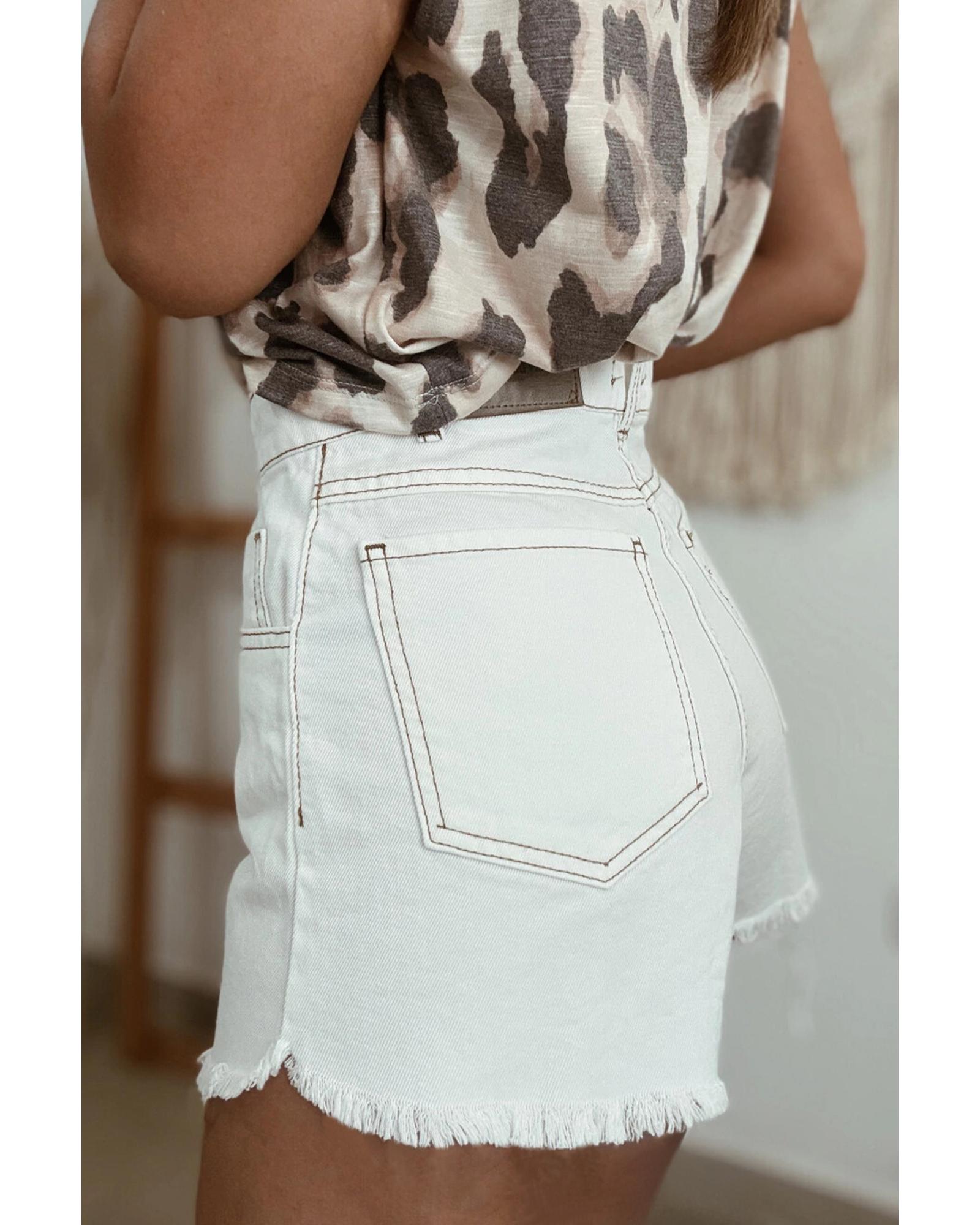 White Raw Hem High Waist Denim Shorts - 8 US