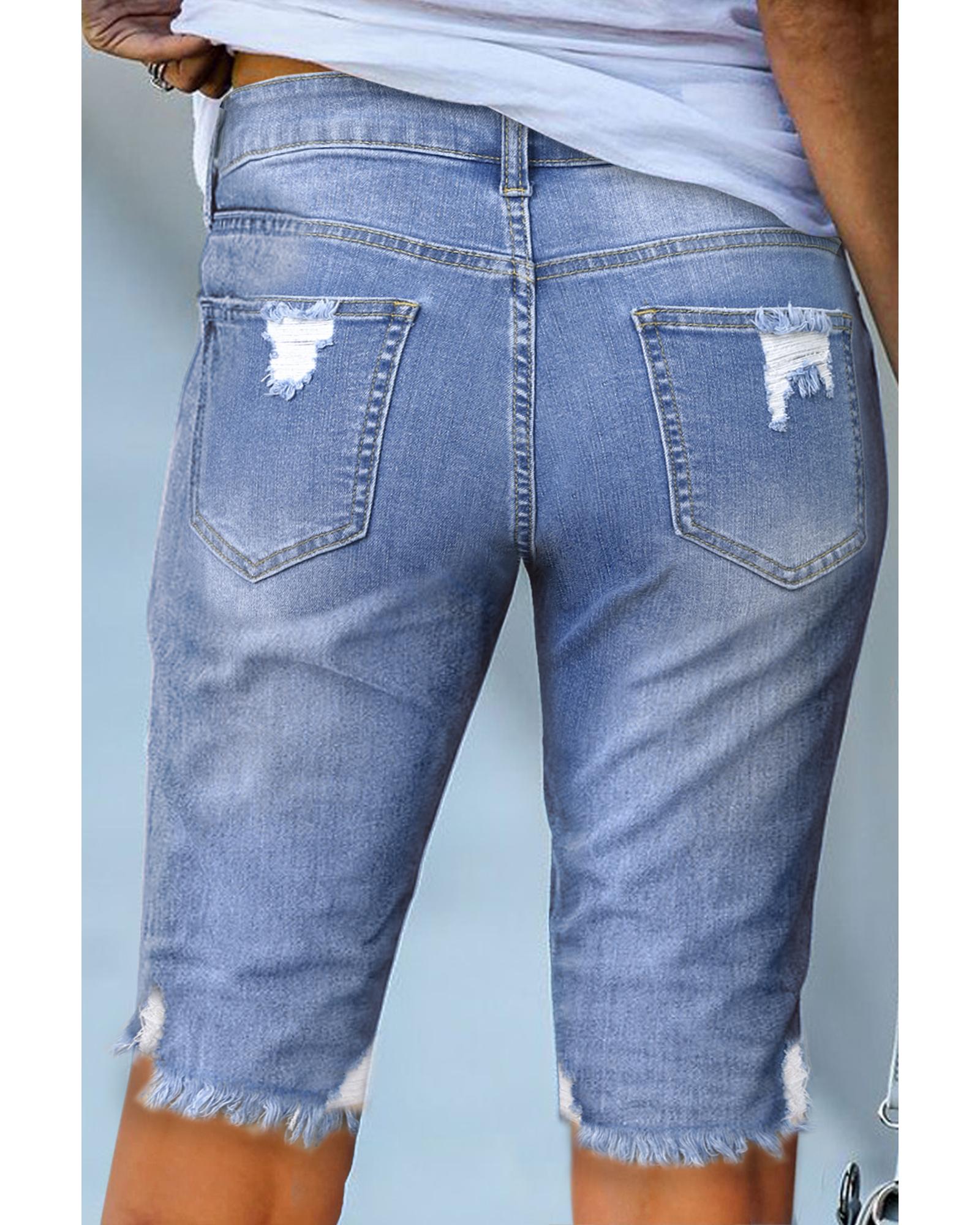 Sky Blue Ripped Tassel Bermuda Denim Shorts - M