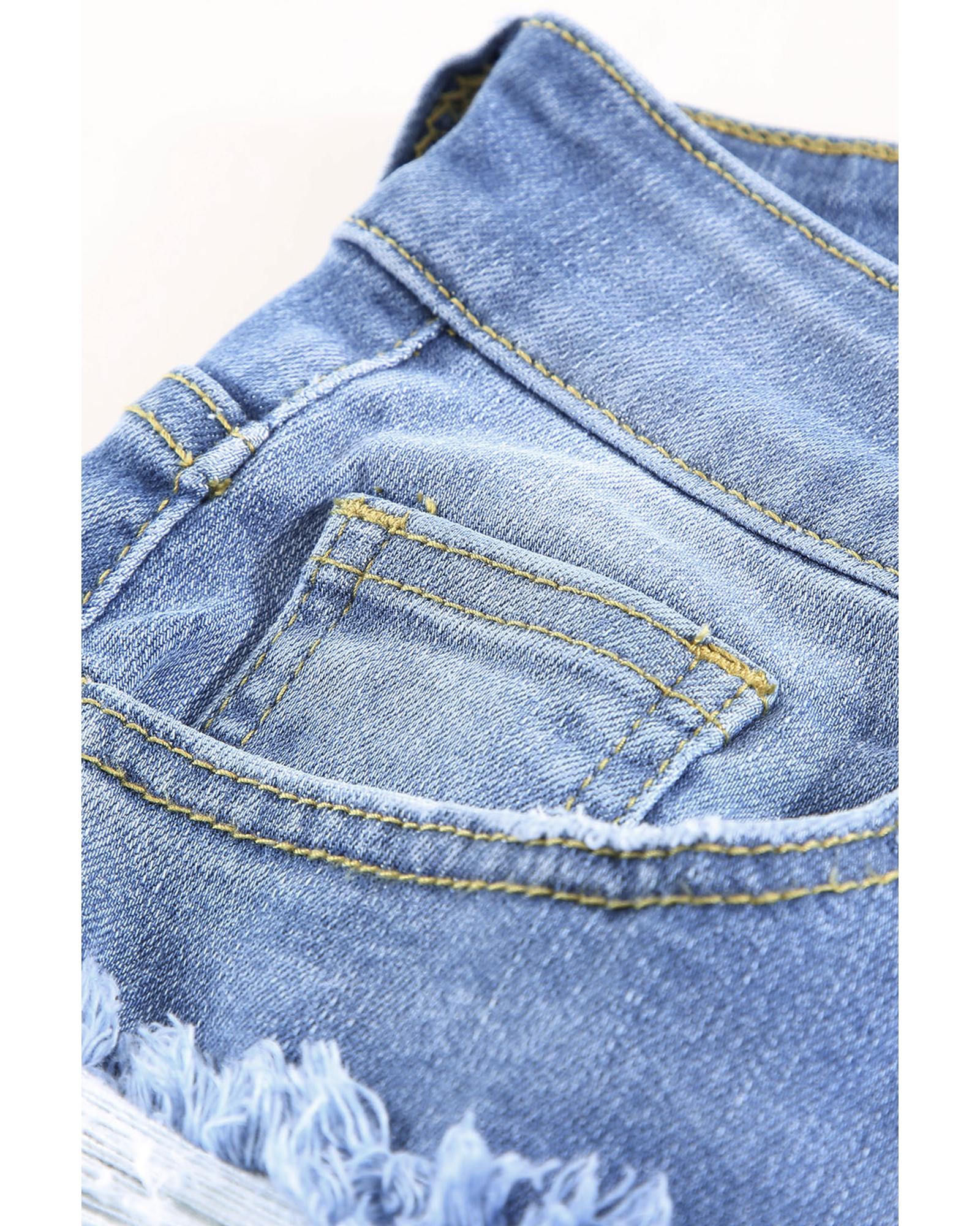 Sky Blue Ripped Tassel Bermuda Denim Shorts - M