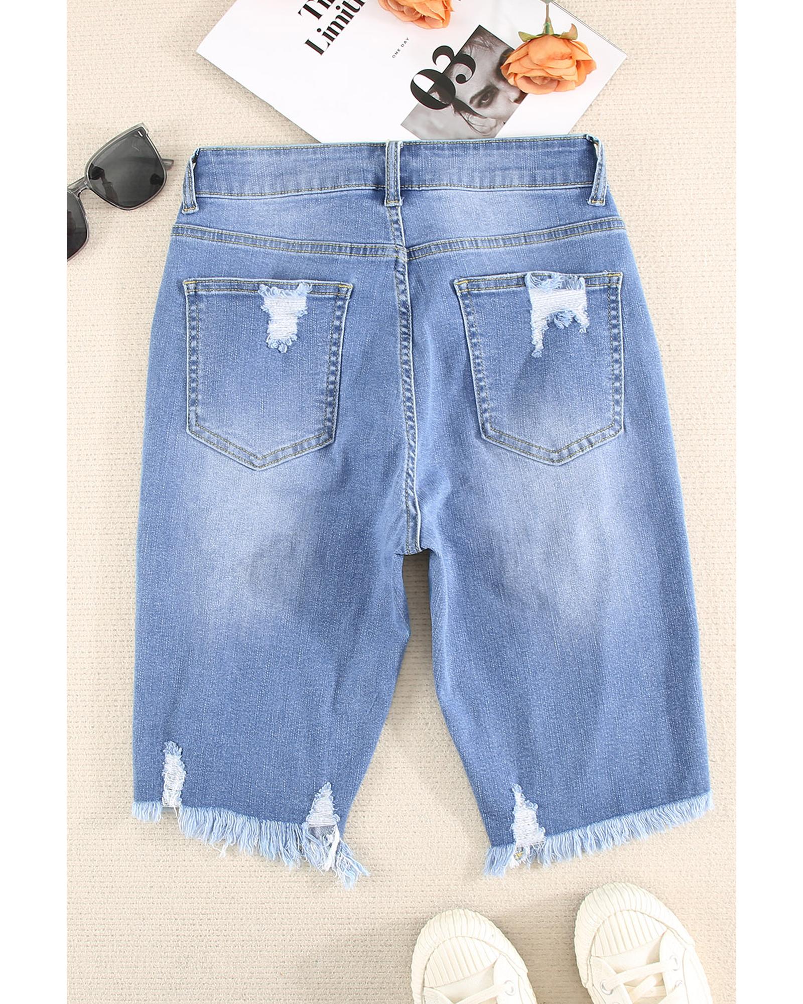 Sky Blue Ripped Tassel Bermuda Denim Shorts - S